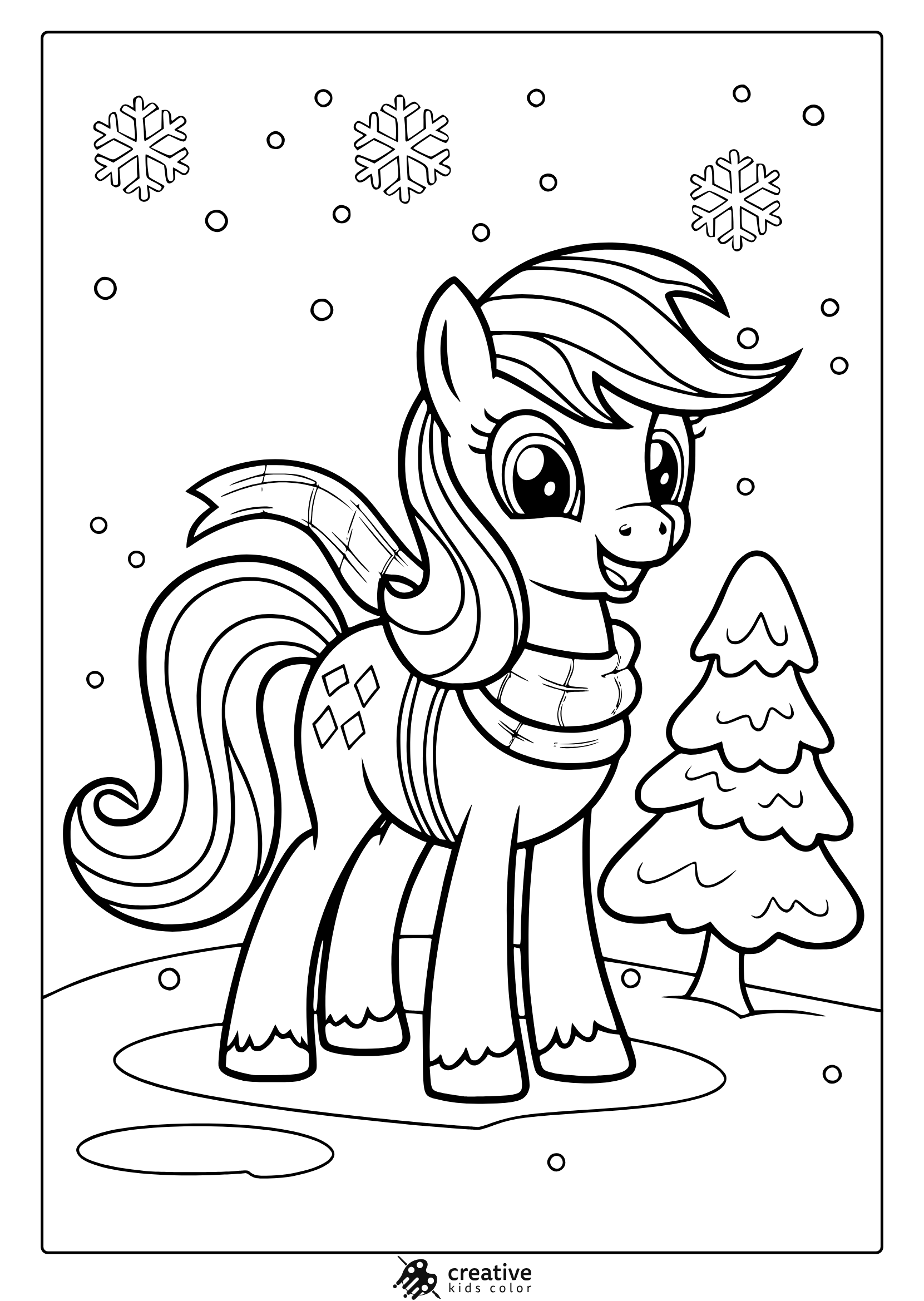 My Little Pony Snowy Day Coloring Page With A Pony, Snow, And Trees.