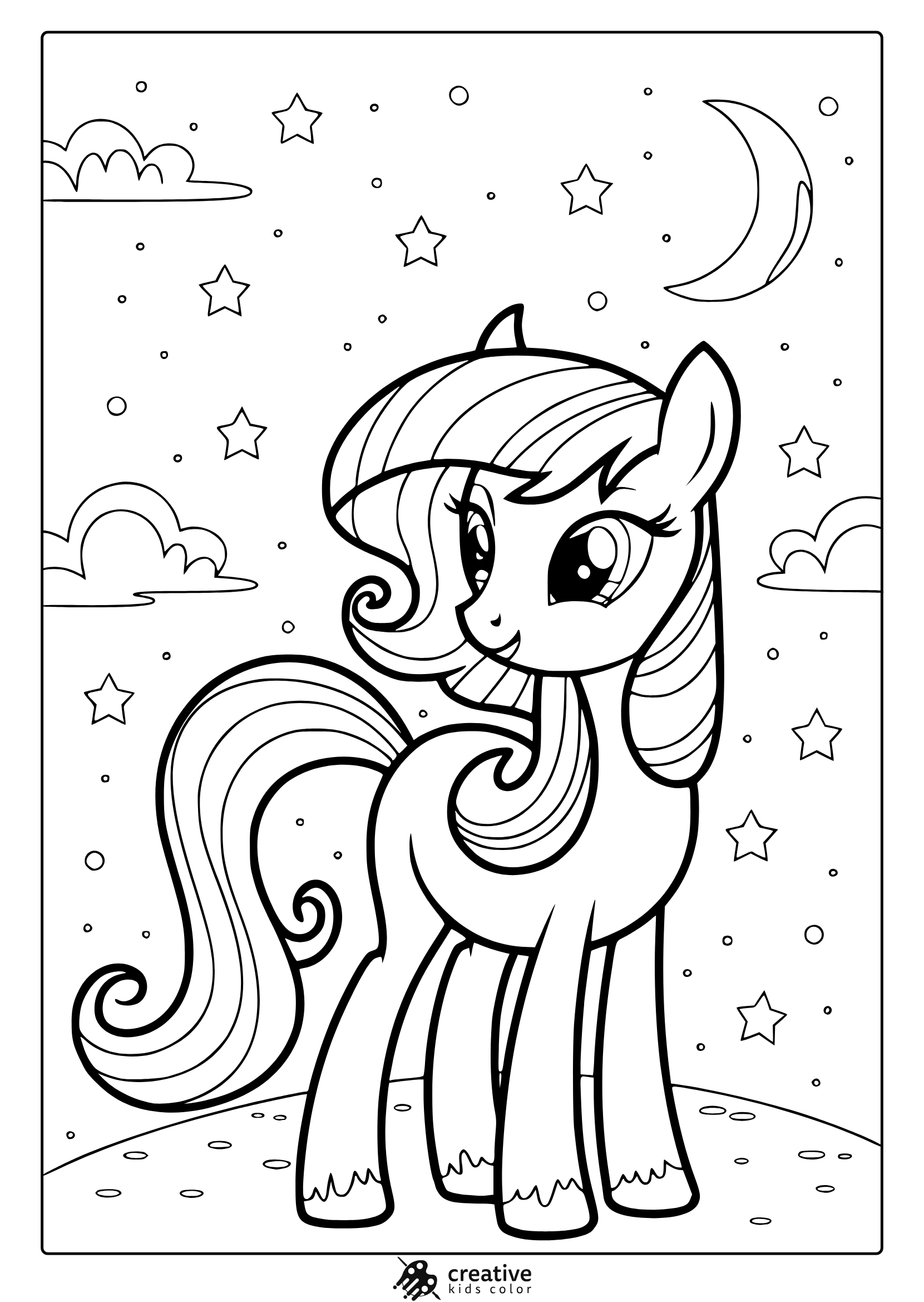 My Little Pony Starry Night Coloring Page With A Unicorn, Moon, And Stars.