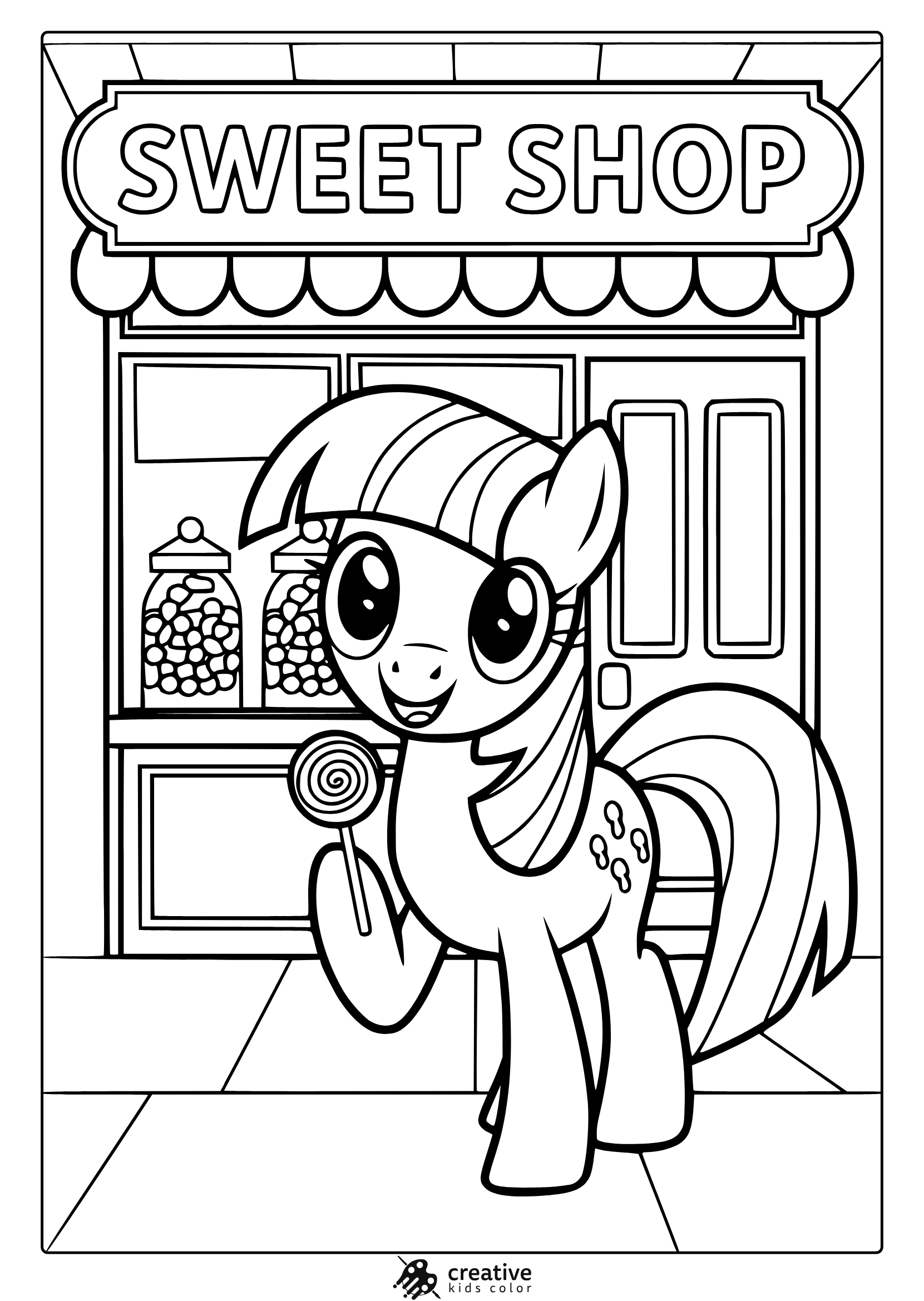 My Little Pony Sweet Shop Coloring Page With A Pony And Candy Store.