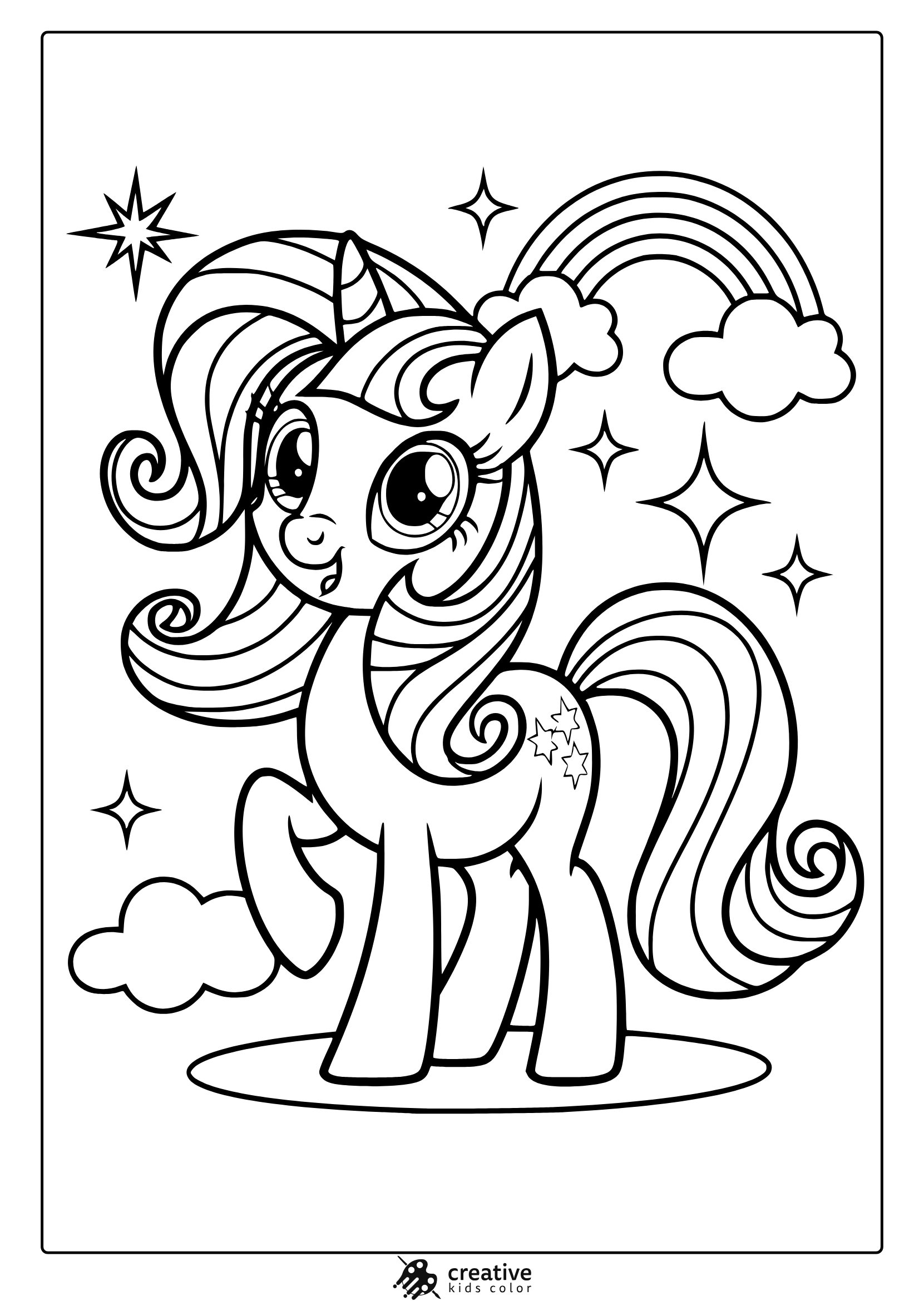 My Little Pony Unicorn Coloring Page With A Rainbow And Starry Backdrop.