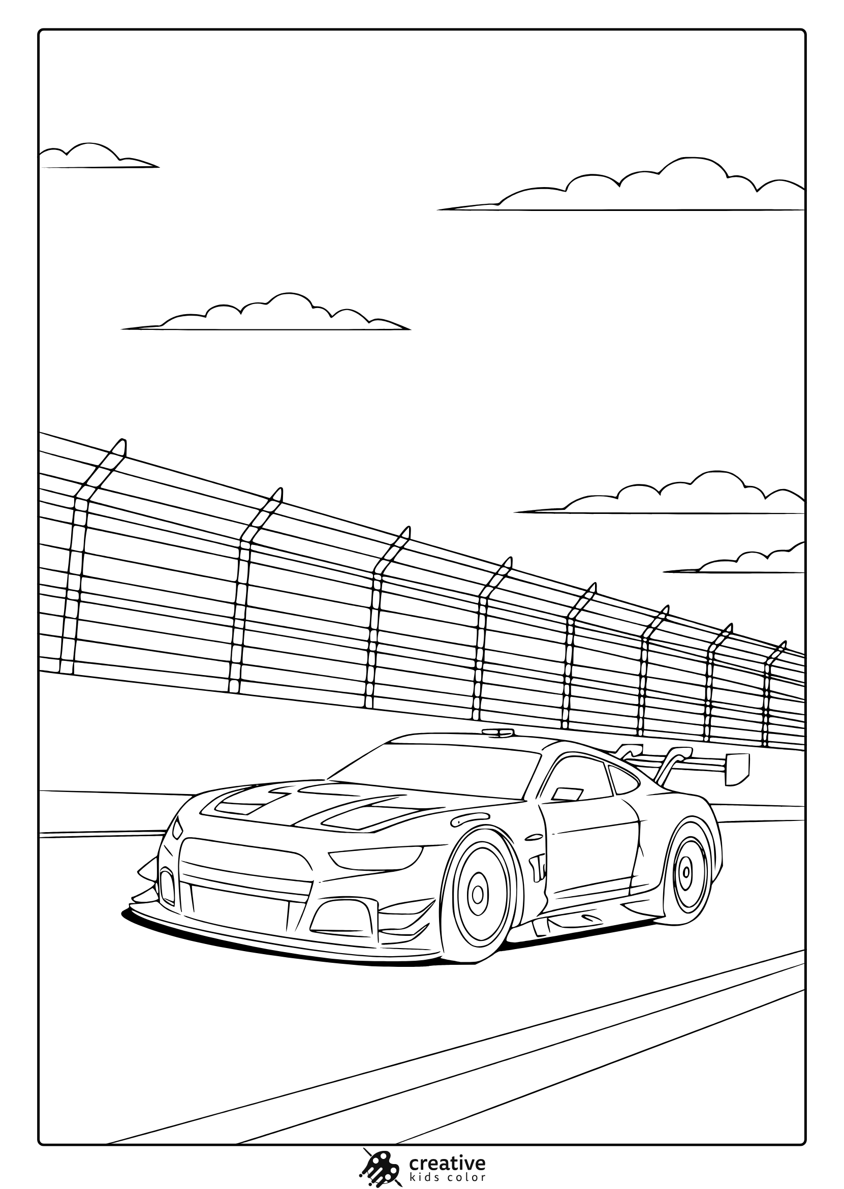 A Sporty Nascar Car With A Rear Wing On A Racetrack, Great For A High-Speed Nascar Coloring Page.