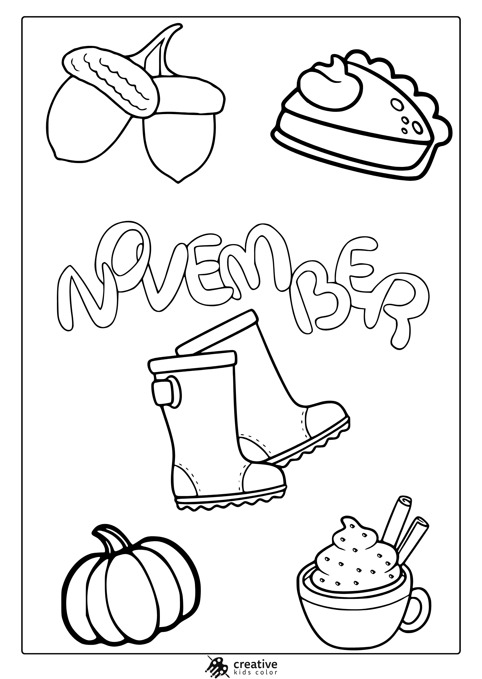 November Boots Coloring Page With Rubber Boots, Acorn, Pie, Pumpkin, And A Warm Coffee Cup.