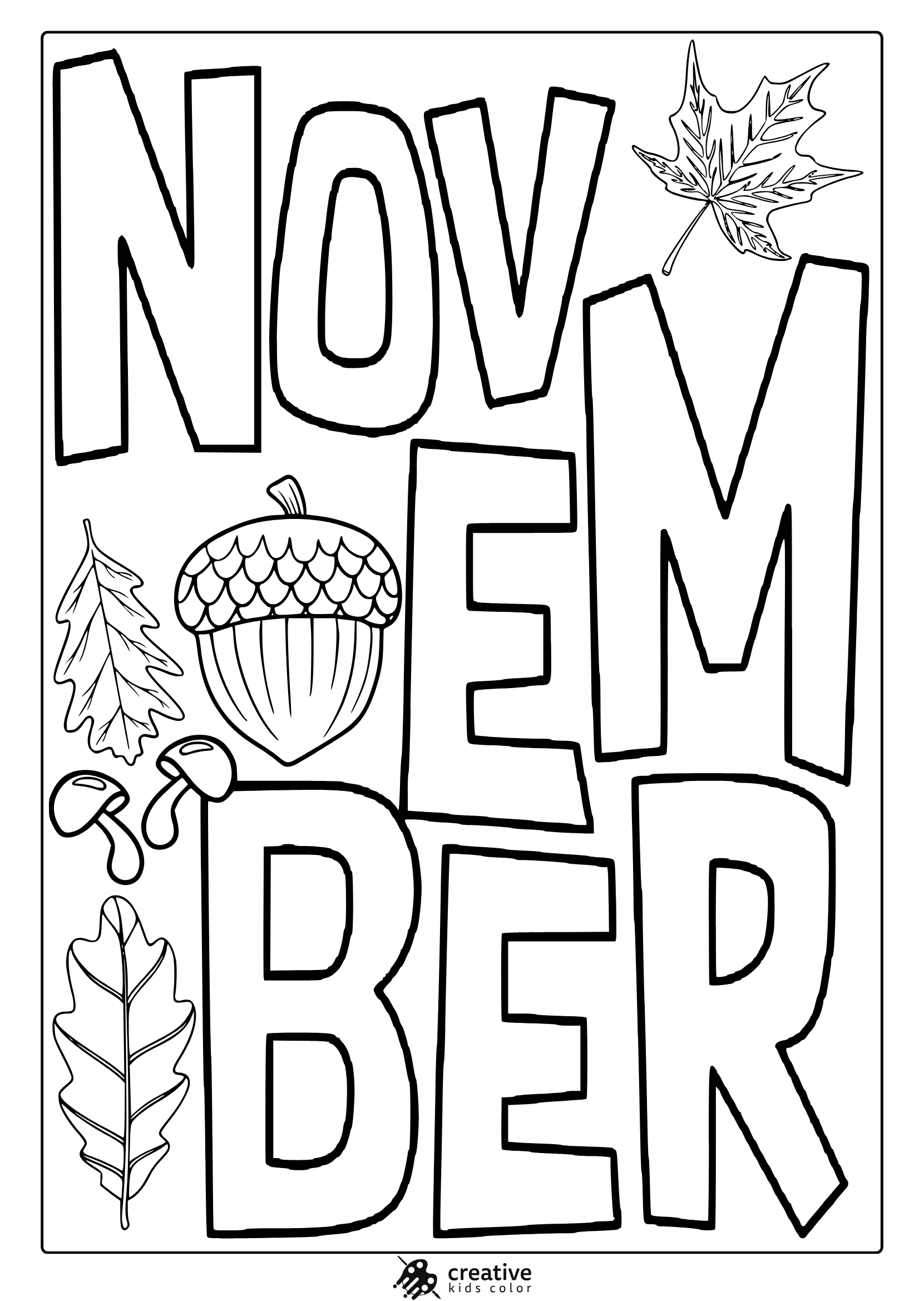 November Coloring Sheet Coloring Page With Staggered Letters, Leaves, Mushrooms, And A Textured Acorn.