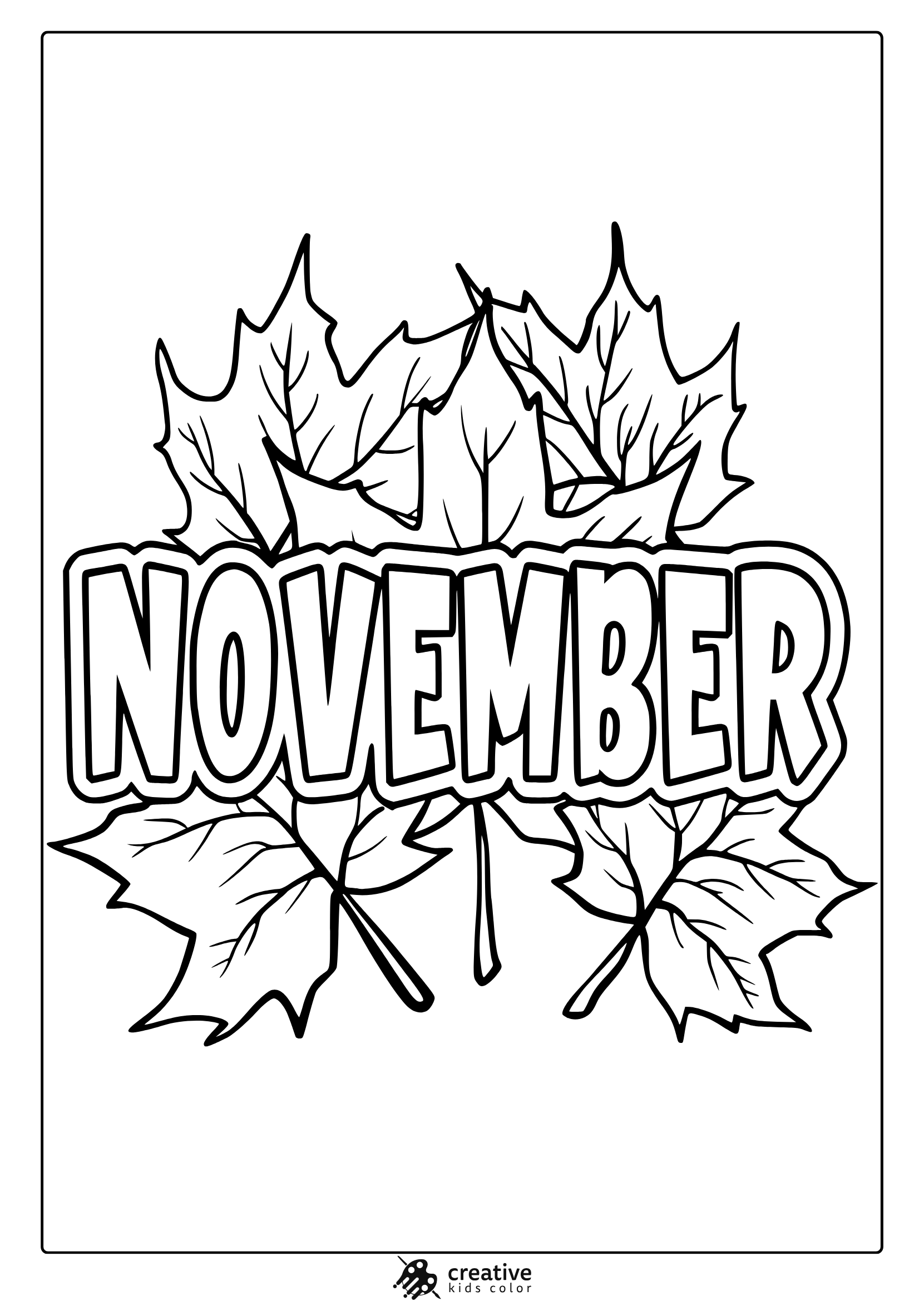 November Leaves Coloring Page With Four Detailed Maple Leaves Around Large Block Letters.