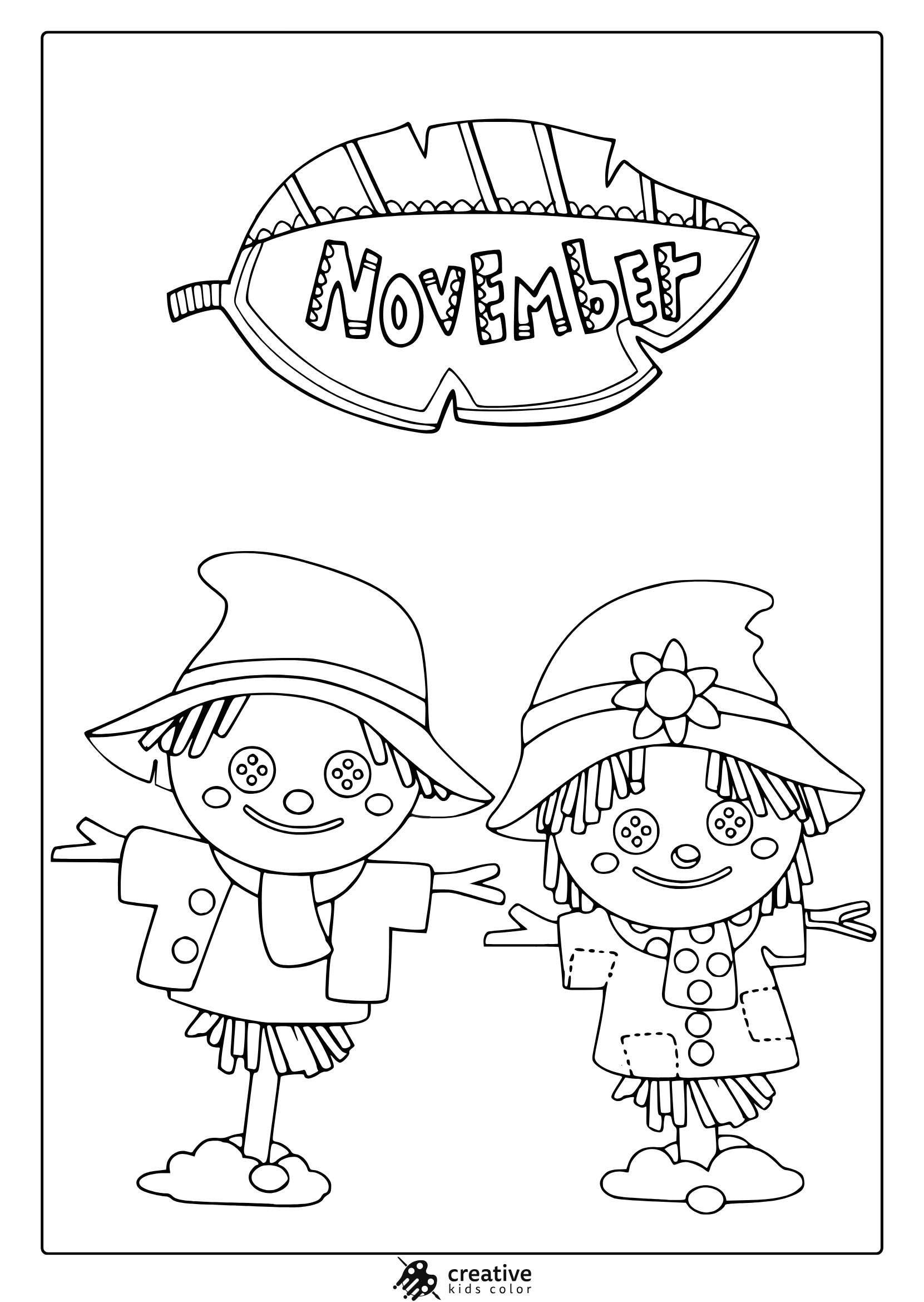 November Scarecrows Coloring Page With Two Friendly Scarecrows And A Leaf-Shaped “November” Banner.
