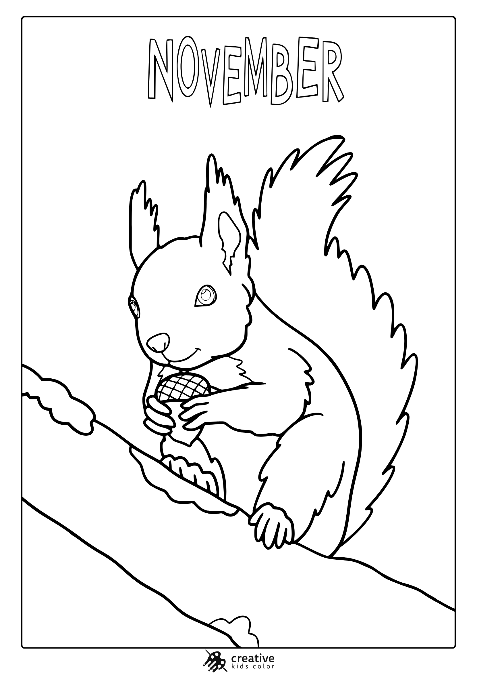November Squirrel Coloring Page With A Friendly Squirrel On A Diagonal Branch Holding A Pinecone.