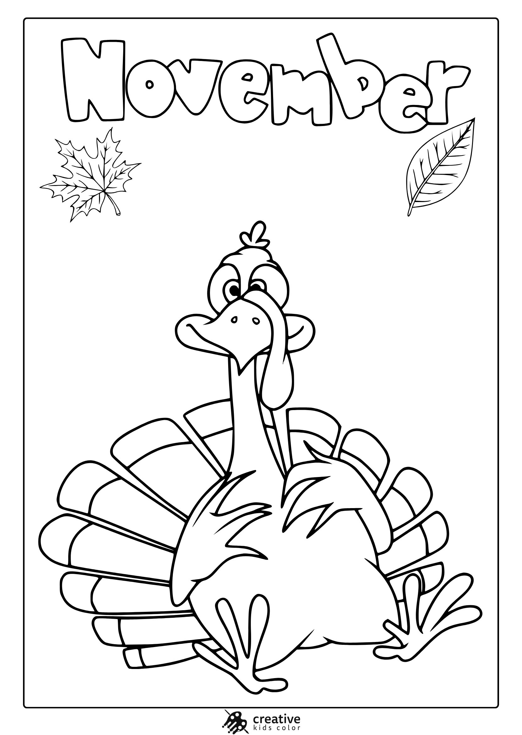 November Thanksgiving Turkey Coloring Page With A Cheerful Turkey And Two Maple Leaves.