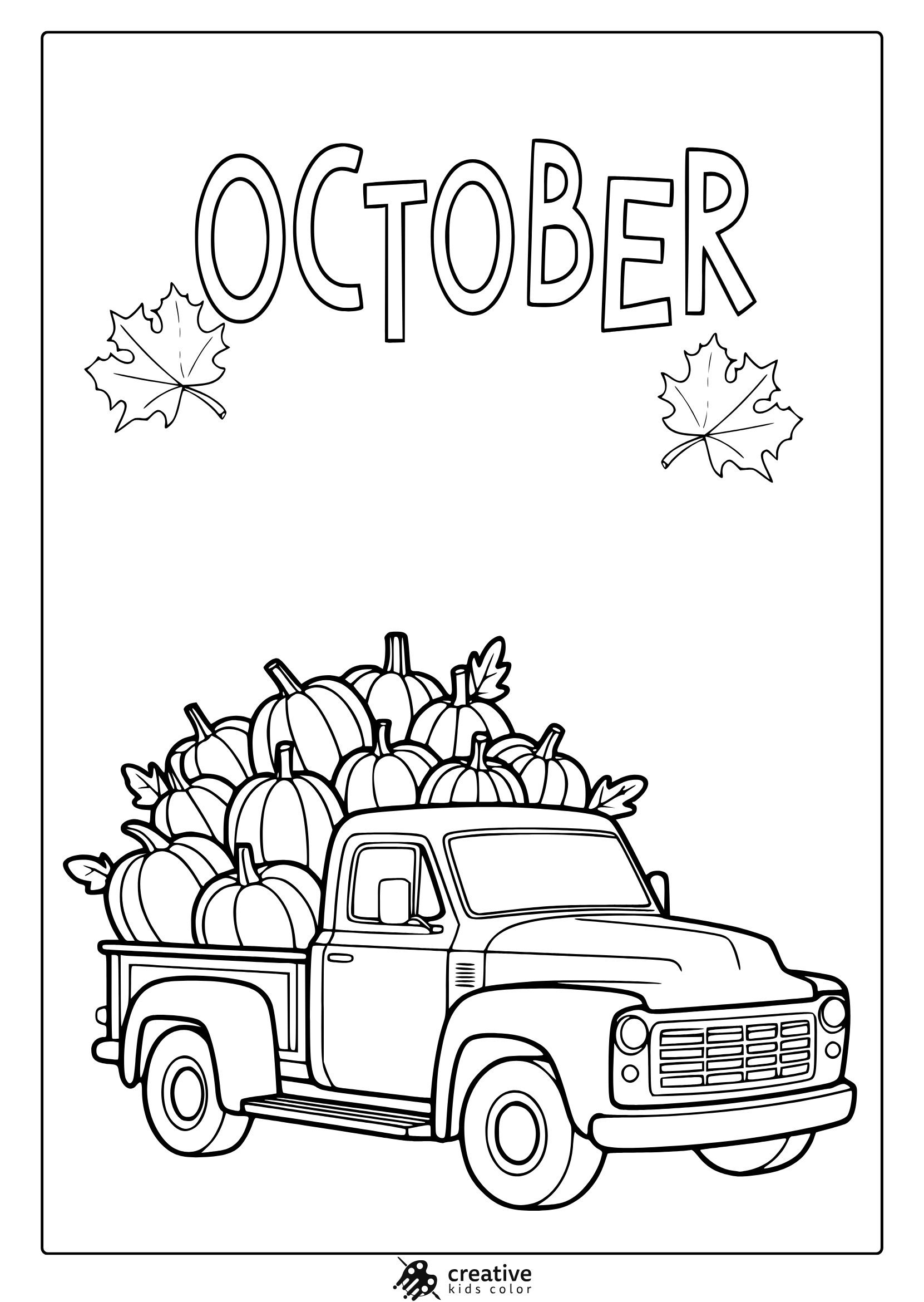 October Farmer Truck Coloring Page With Classic Pickup Truck And Pumpkins.