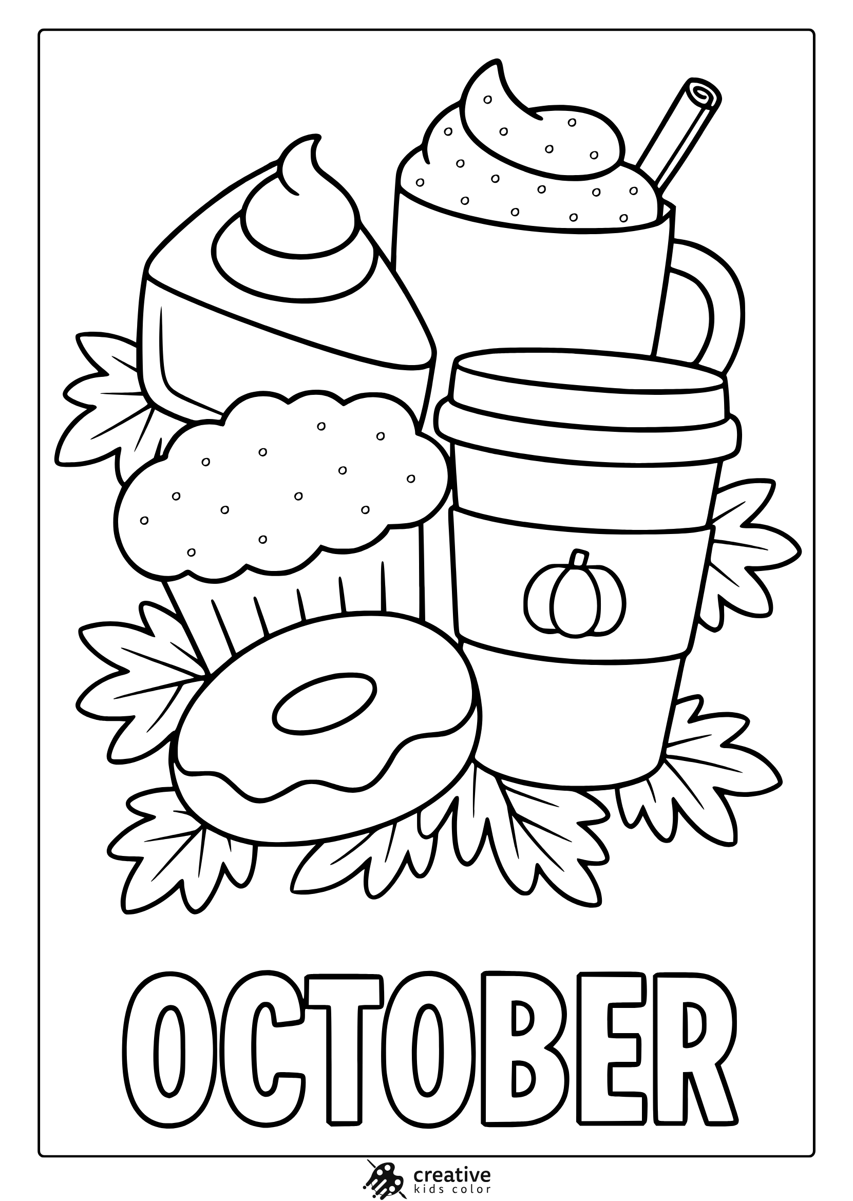 October Foods And Drinks Coloring Page With Desserts, Coffee Cups, And Autumn Leaves.