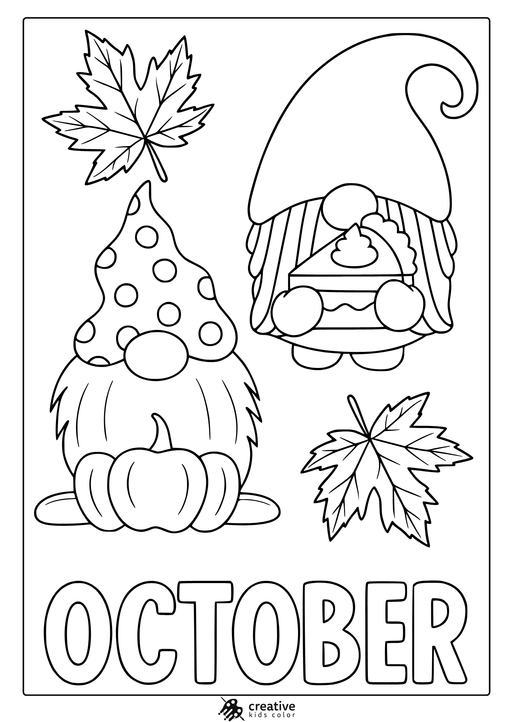October Gnomes Coloring Page With Gnomes, Pumpkin, Pie Hat, And Maple Leaves.