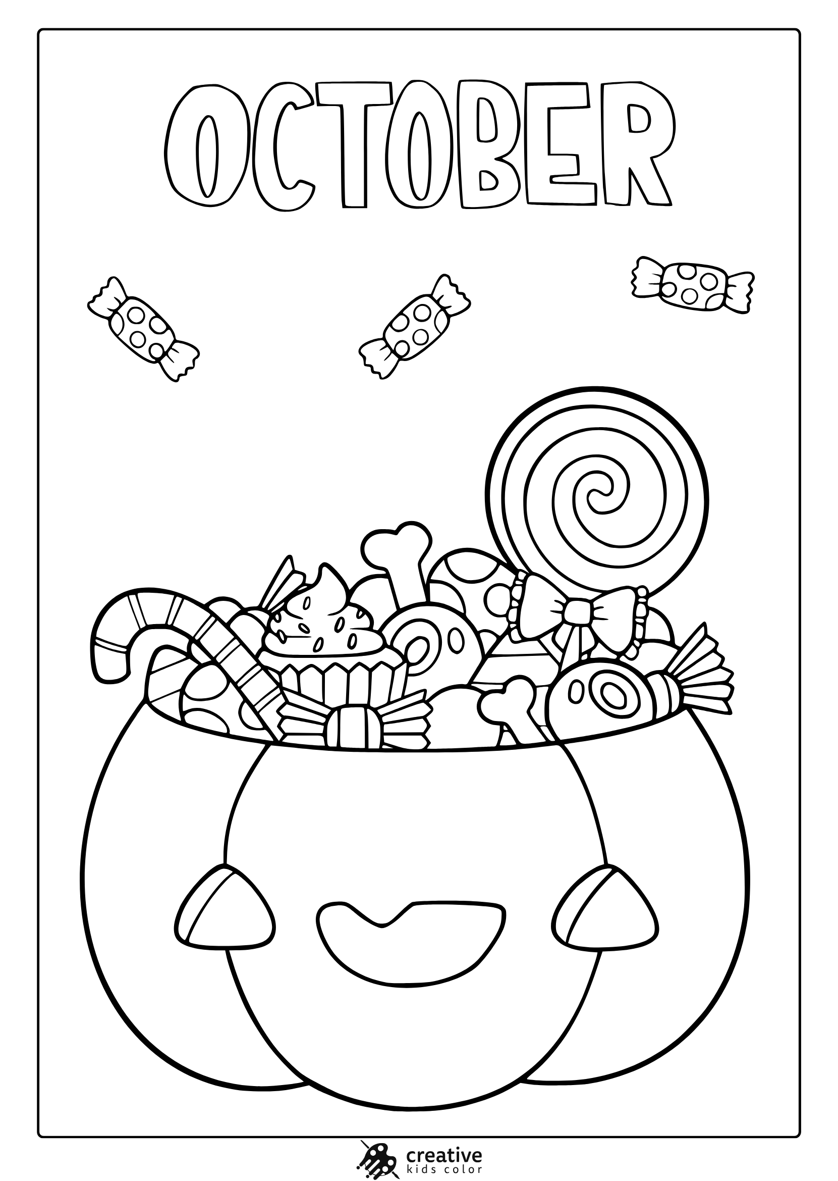 October Halloween Candies Coloring Page With Cauldron, Lollipop, And Sweets.