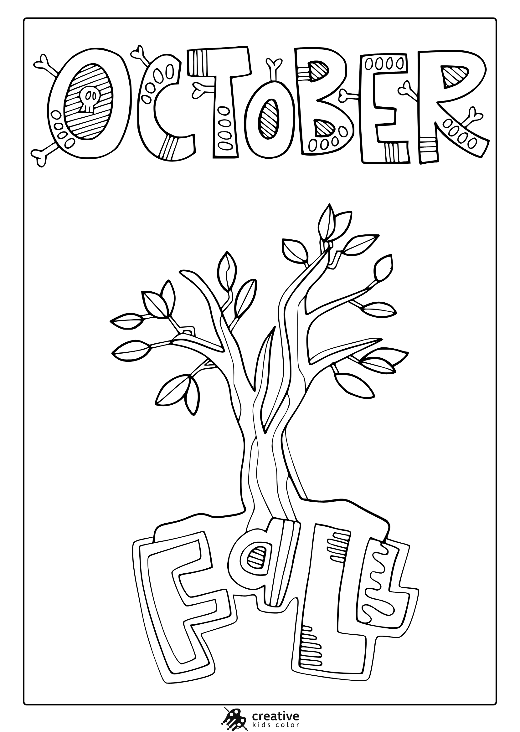 October In Fall Coloring Page With Autumn Tree, Leaves, And Decorative Lettering.