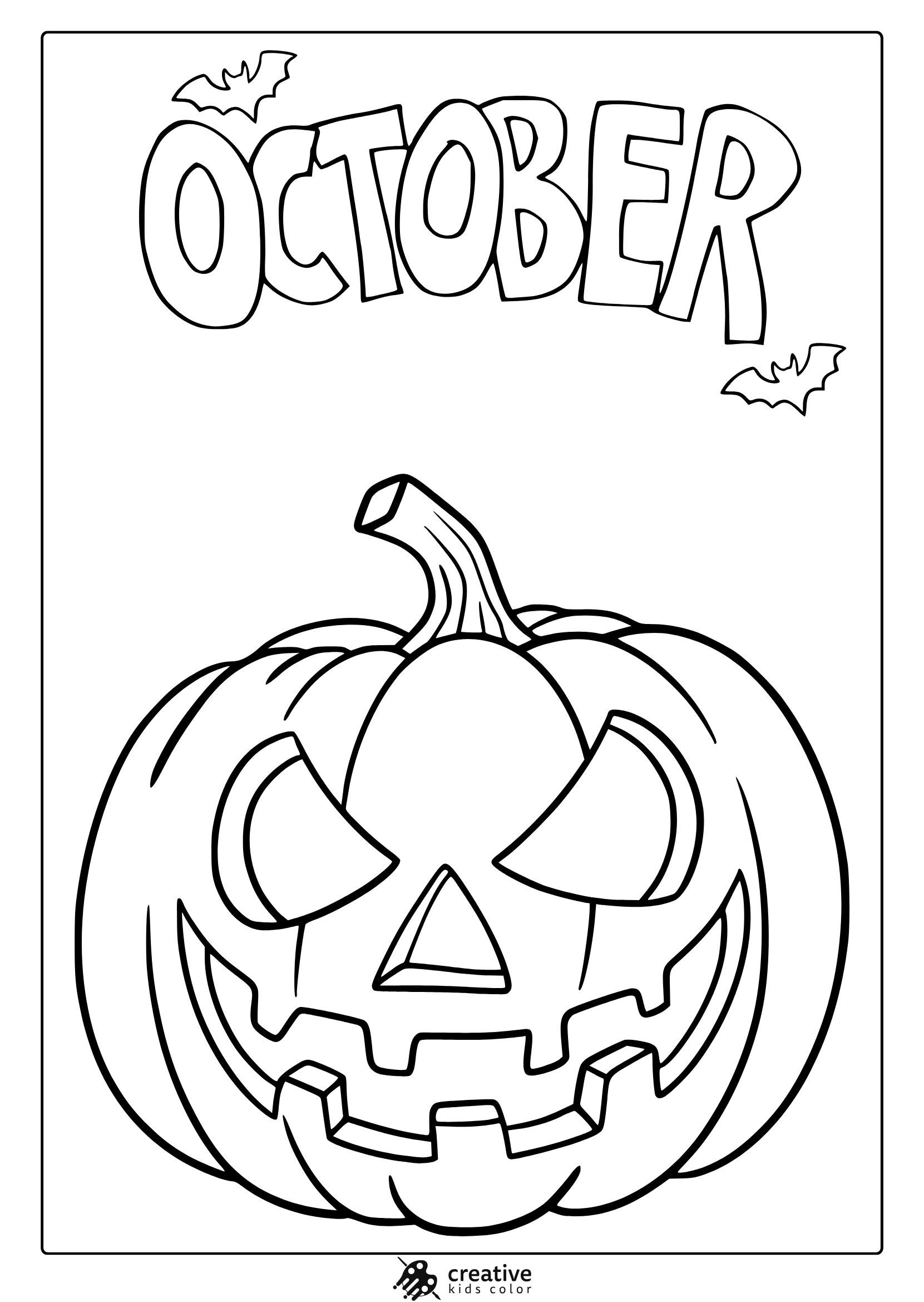 October Jack O Lantern Coloring Page With Carved Pumpkin Face And Bats.