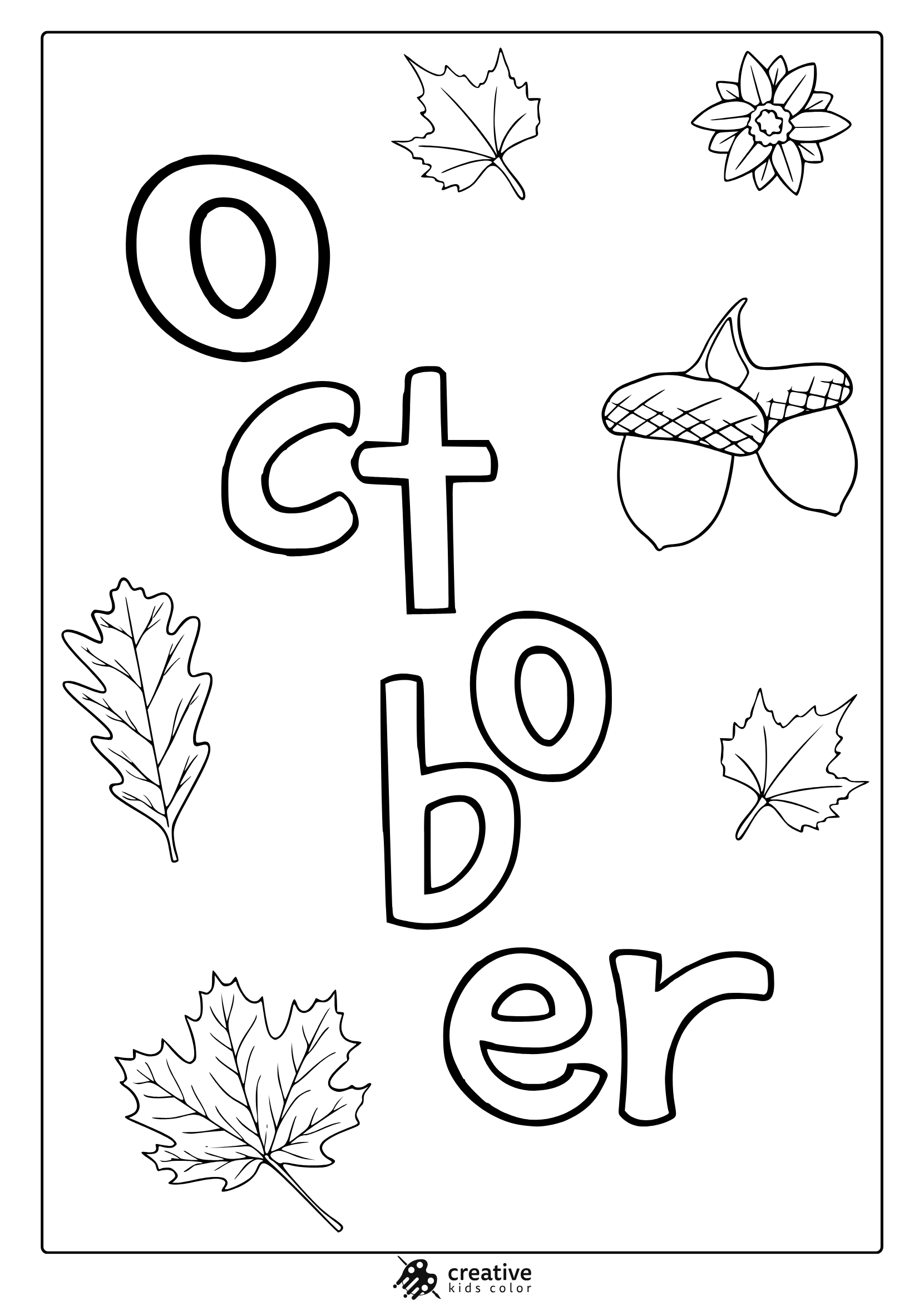 October Leaves And Acorns Coloring Page With Acorn, Flower, And Autumn Leaves.