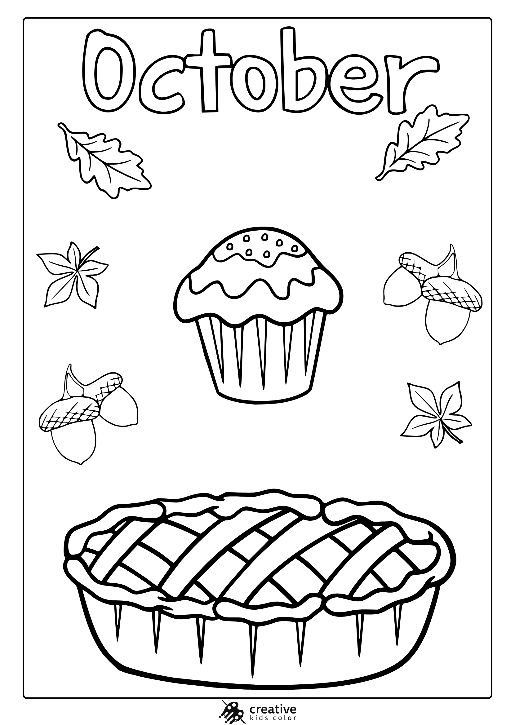 October Pie And Cupcake Coloring Page With Cupcake, Pie, Leaves, And Acorns.