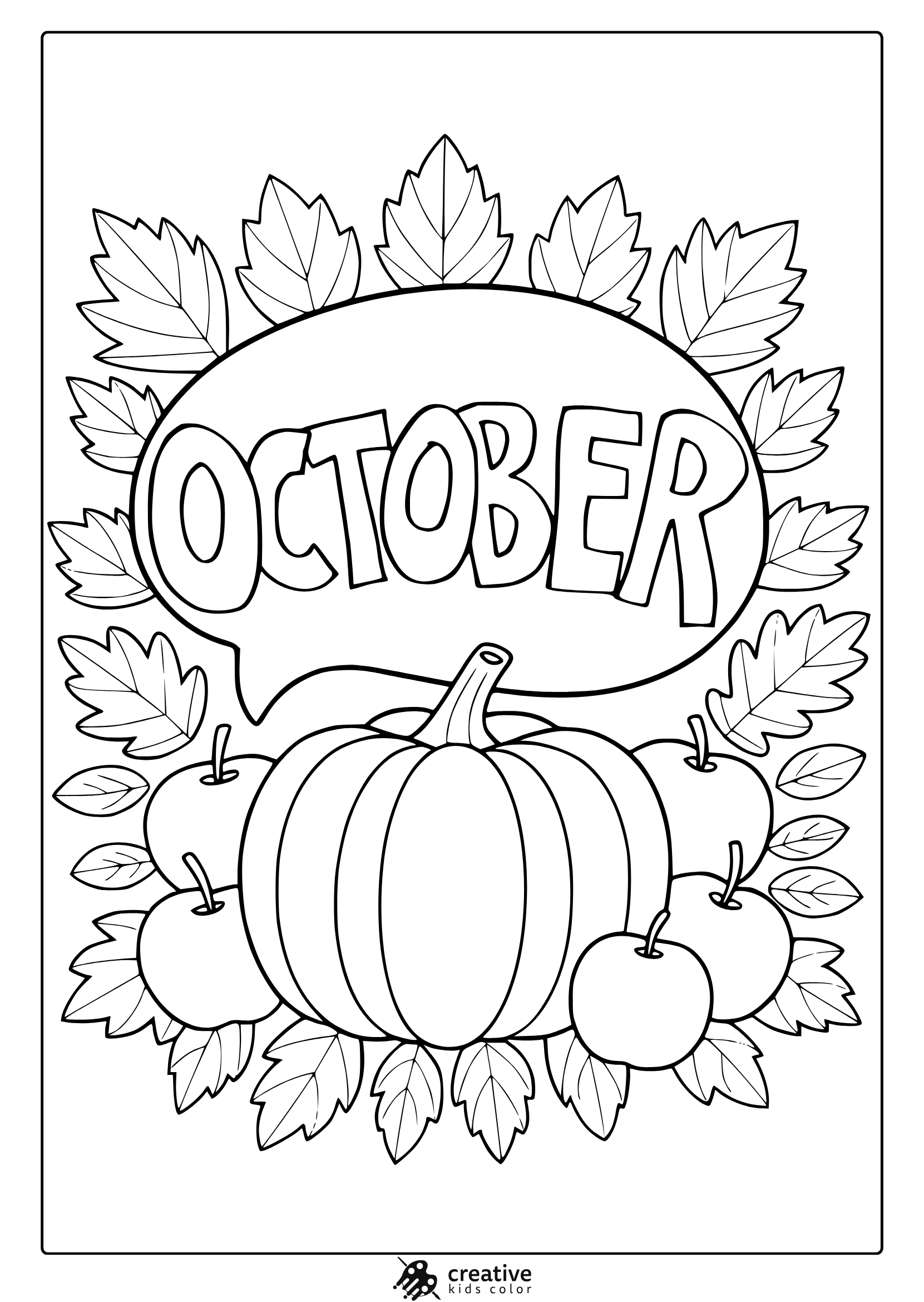 October Pumpkin And Apples Coloring Page With Pumpkin, Apples, And Maple Leaves.