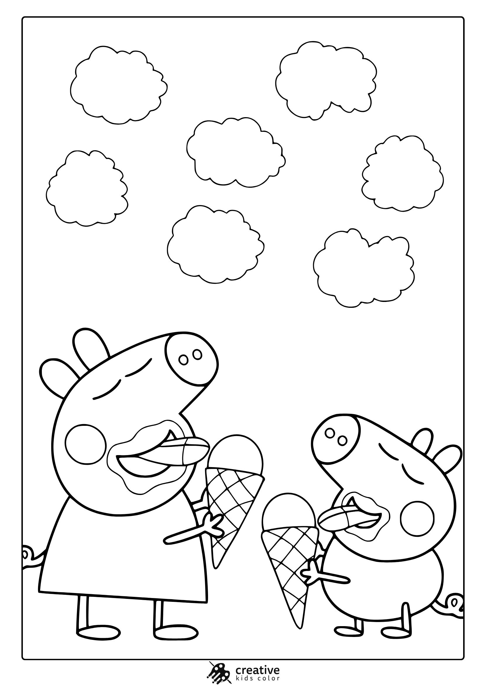 Peppa Pig And George Coloring Page With Ice Cream Cones And Clouds Above.
