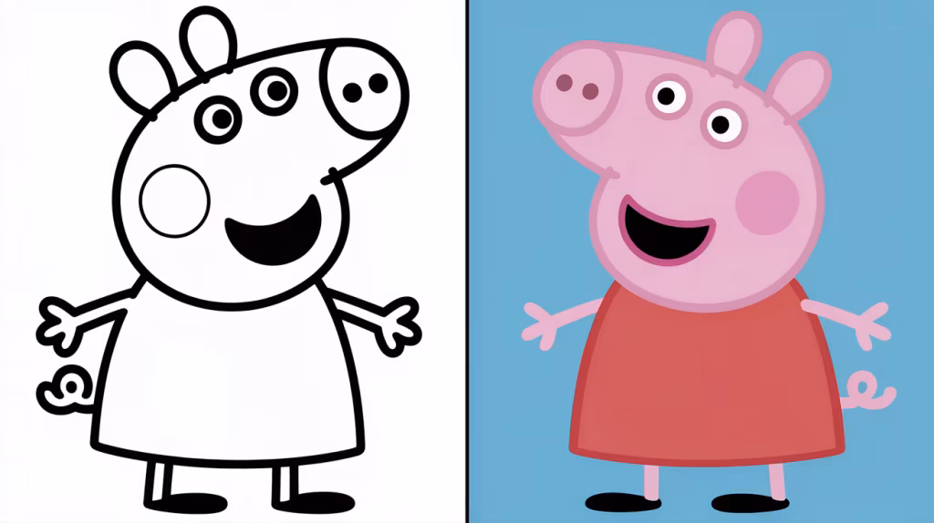 Peppa Pig Coloring Page Cover, Left Side Black And White, Right Side Colored In A Fun, Nature-Filled Scene.
