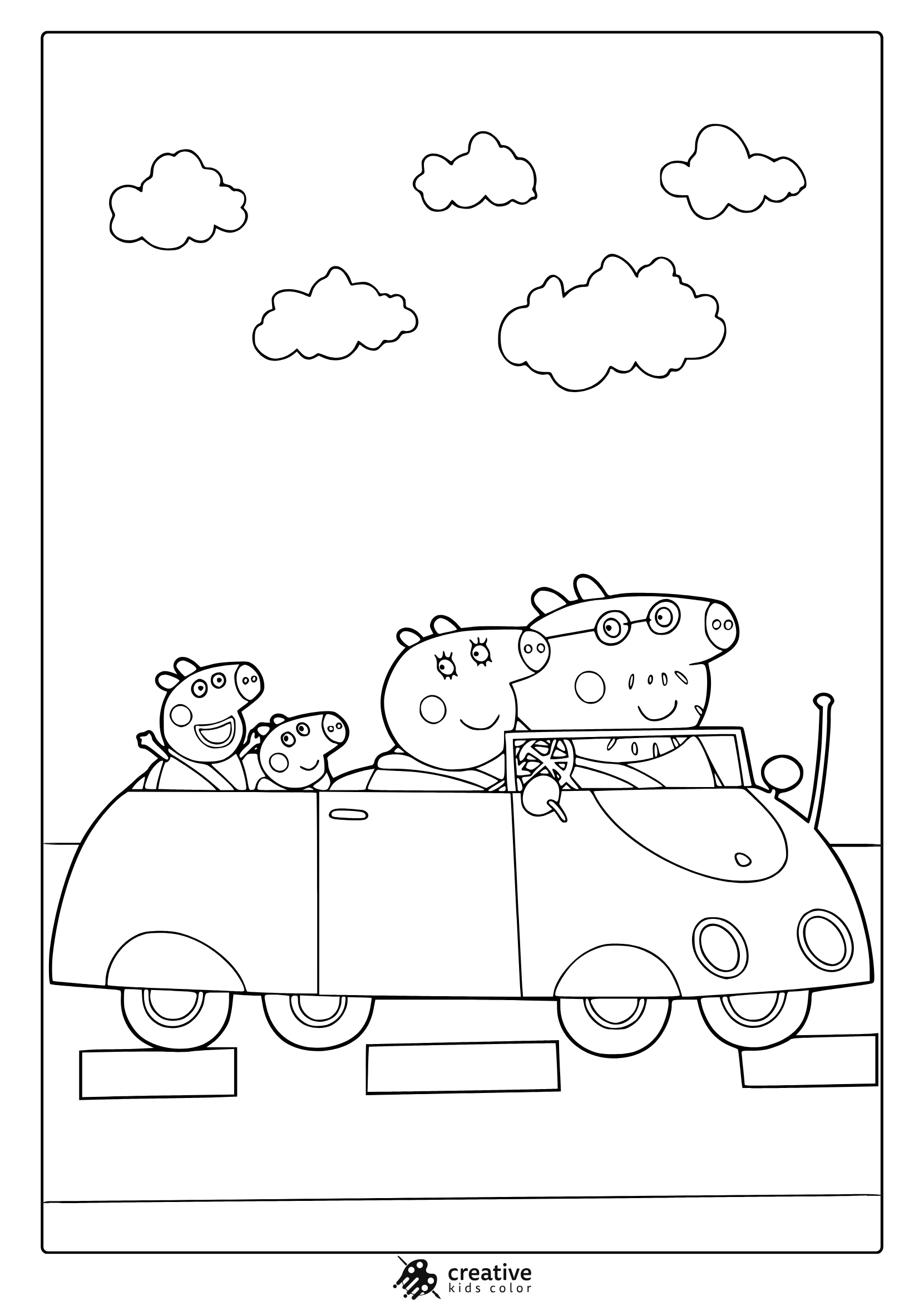 Peppa Pig Family Coloring Page In Convertible Car With Clouds Above.