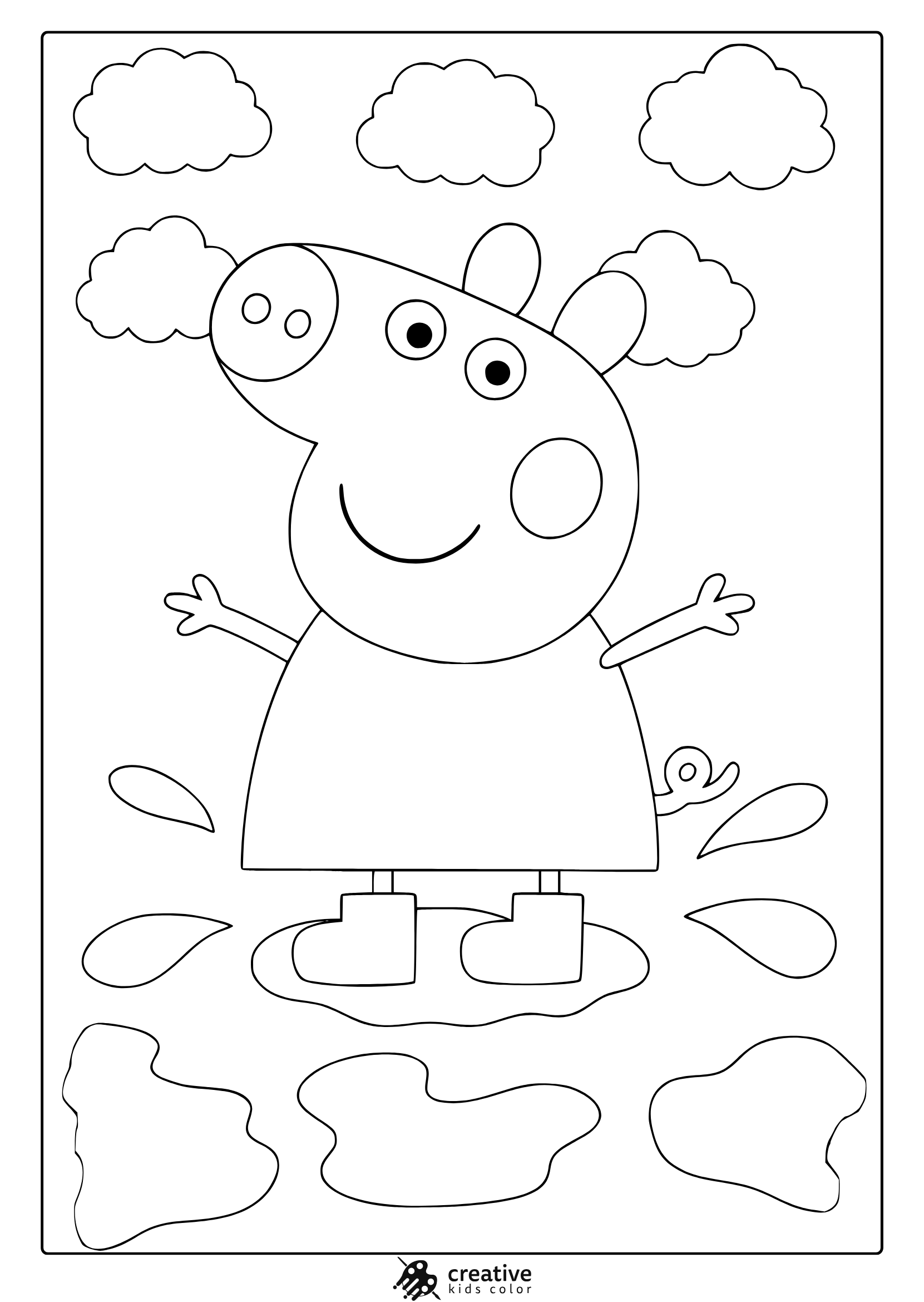 Peppa Pig Coloring Page With Puddles, Clouds, And A Small Snail Below.