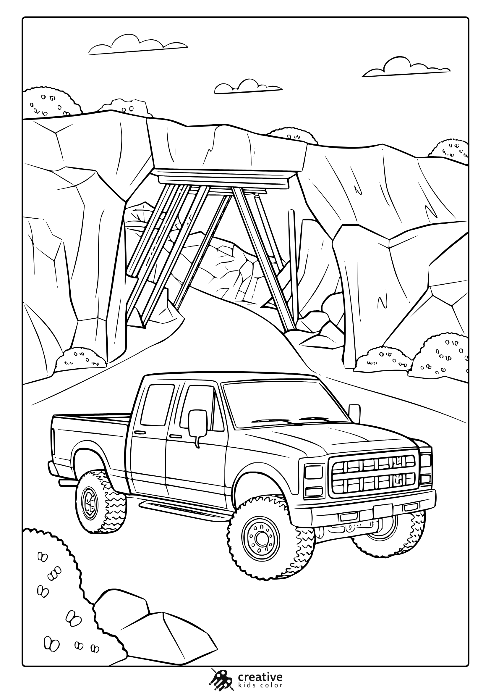 A Pickup Truck On A Dirt Road With A Bridge, A Detailed Truck Coloring Page.
