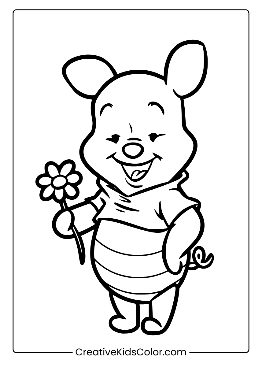 Piglet Standing Happily, Holding A Flower In This Cute Coloring Page.