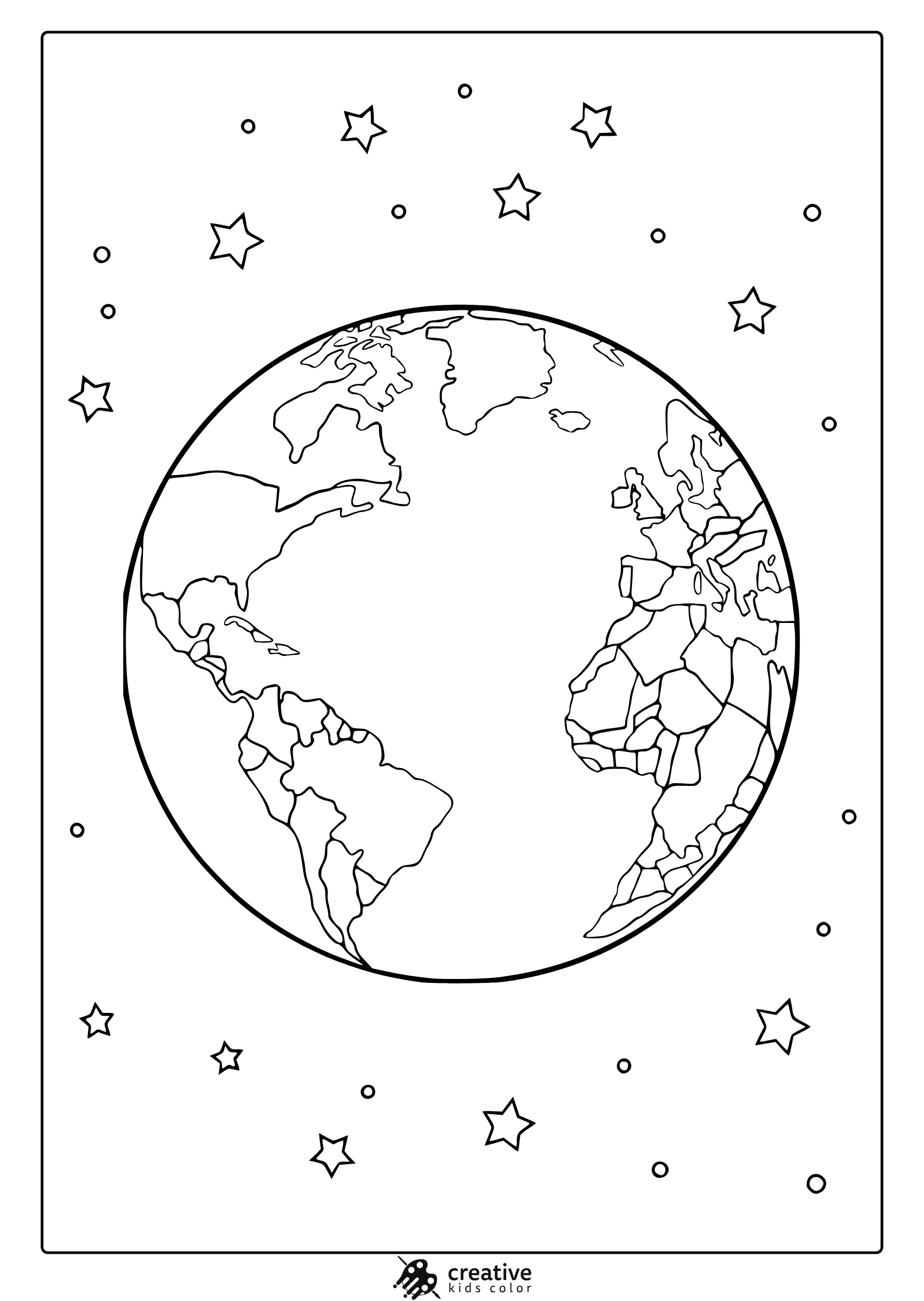Earth With Continents And Stars In Space. Detailed And Simple Planet Earth Coloring Page For Kids To Enjoy.