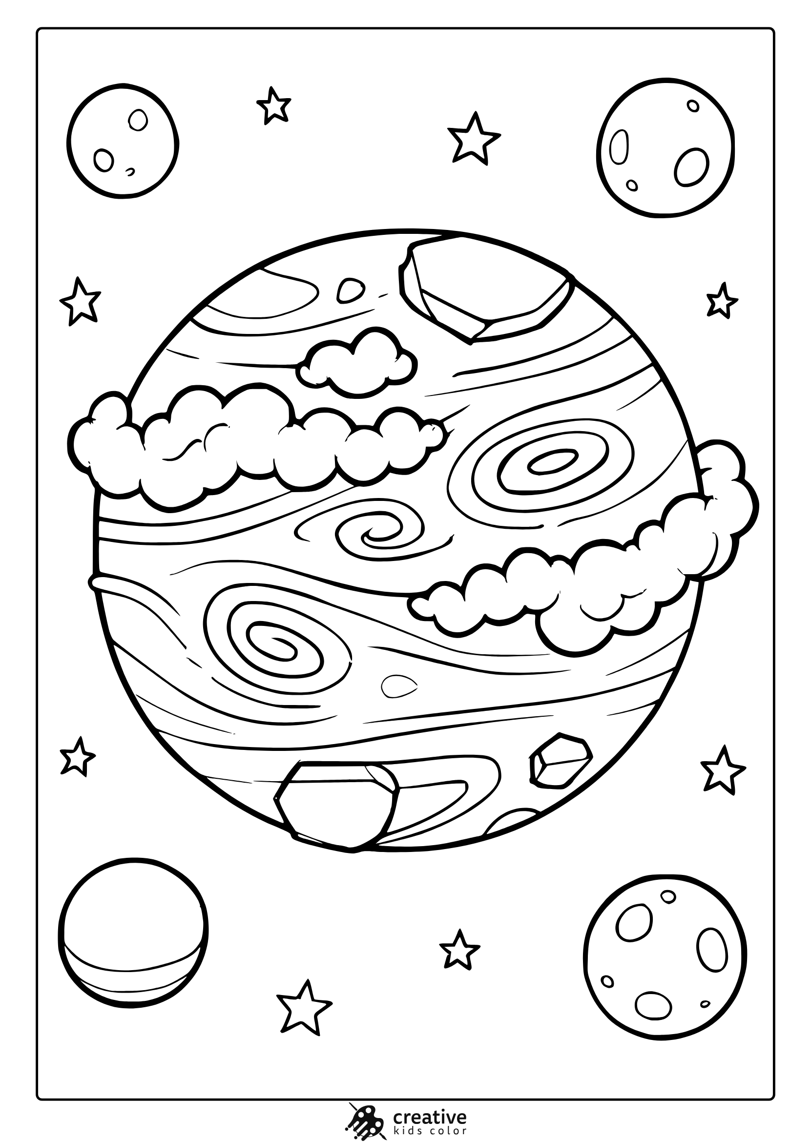 Neptune With Spirals Clouds Rings And Moons. Fun And Friendly Neptune Coloring Page With Smooth Bold Outlines.