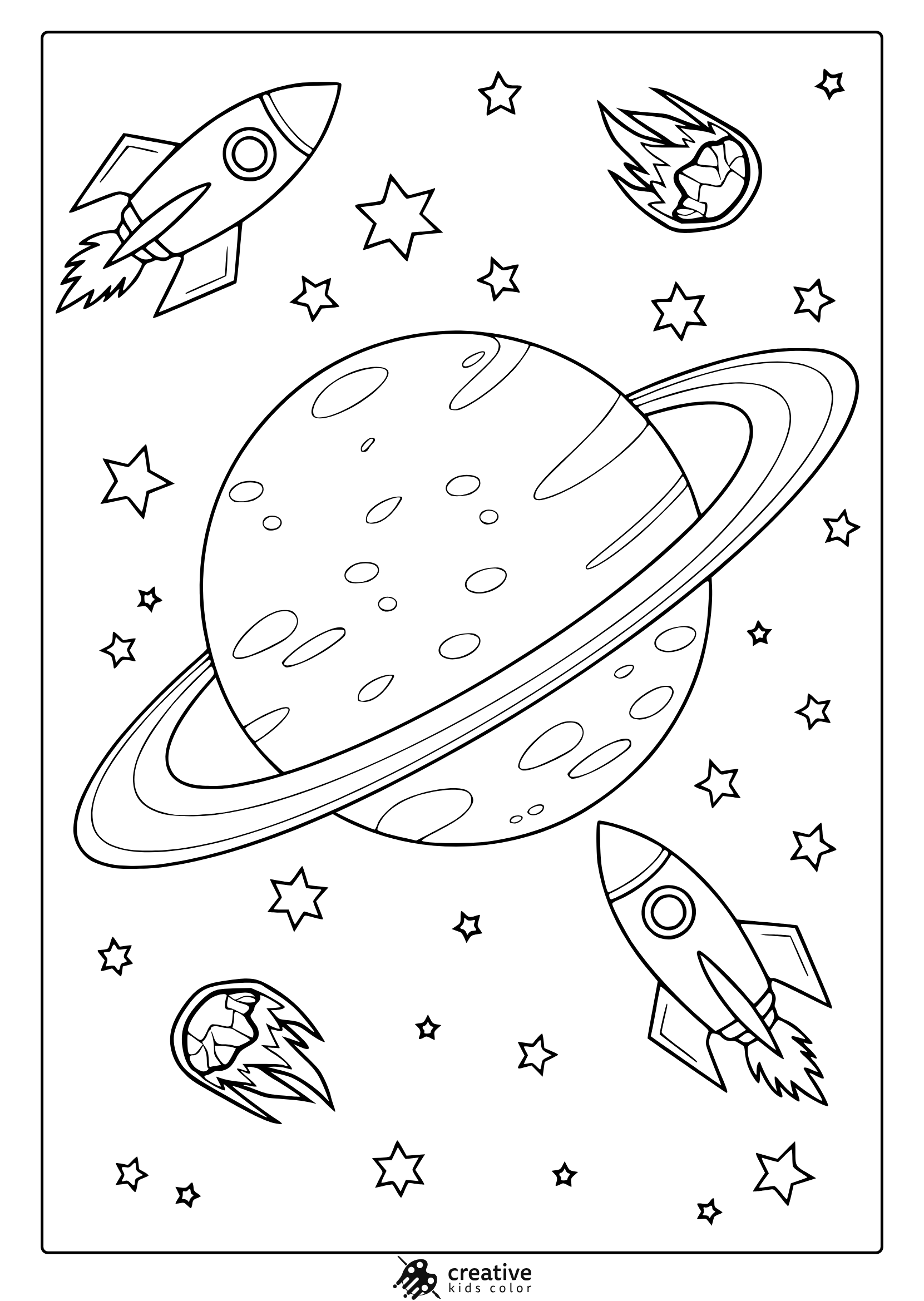 Saturn With Rings Rockets And Meteors. Exciting Outer Space Saturn Coloring Page For Children To Color.