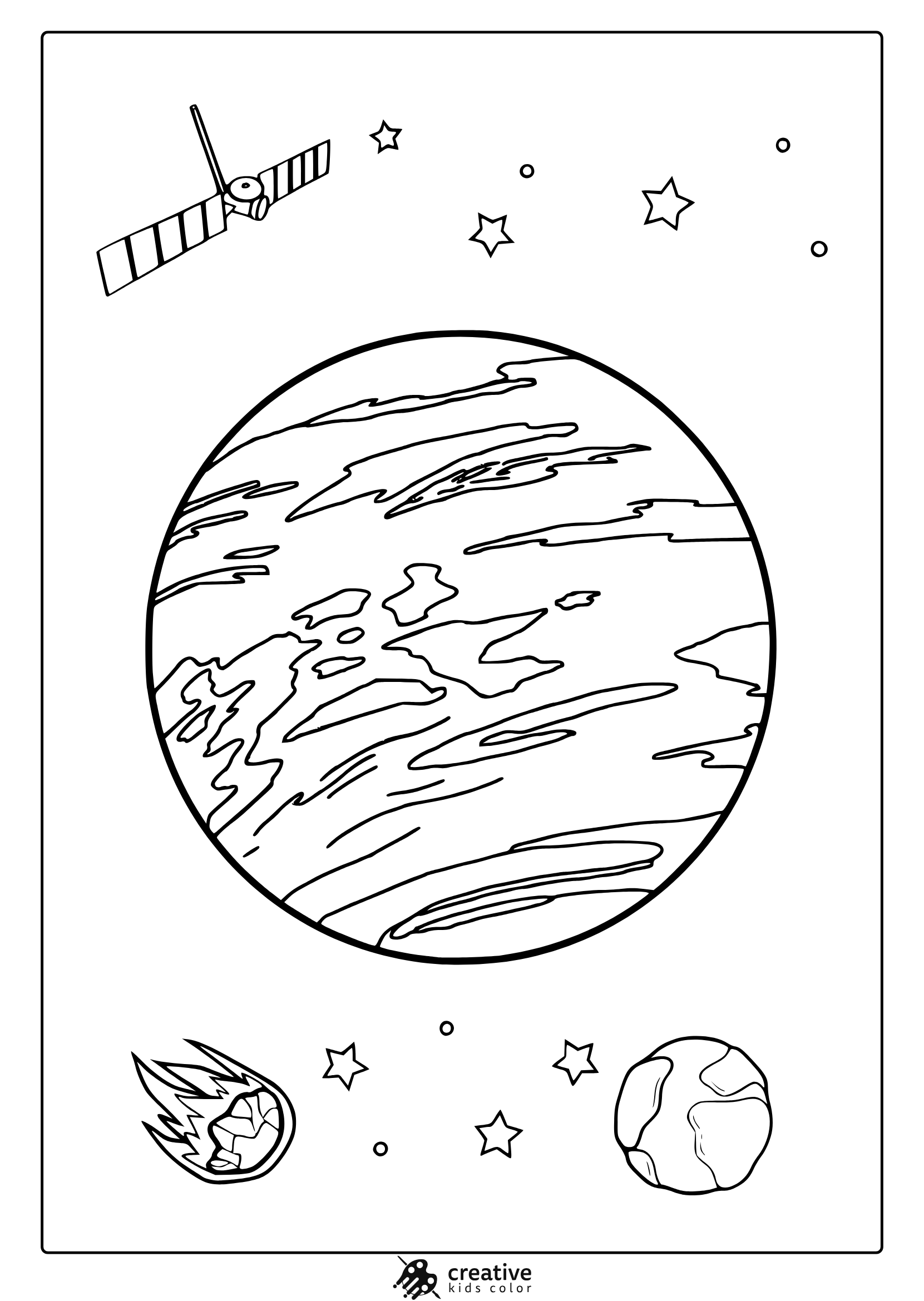 Venus With Swirling Surface Lines Meteor And Stars. Simple And Educational Venus Coloring Page For Kids.