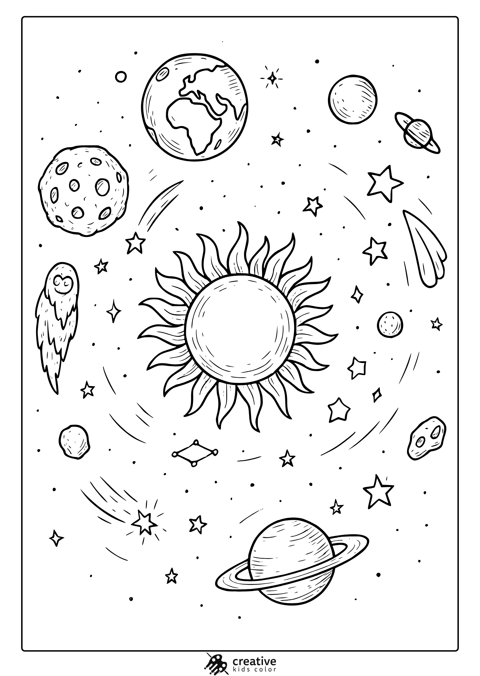 Sun Planets Stars And Flying Owl In Galaxy. Whimsical Planets And Stars Coloring Page With Fun Space Elements.