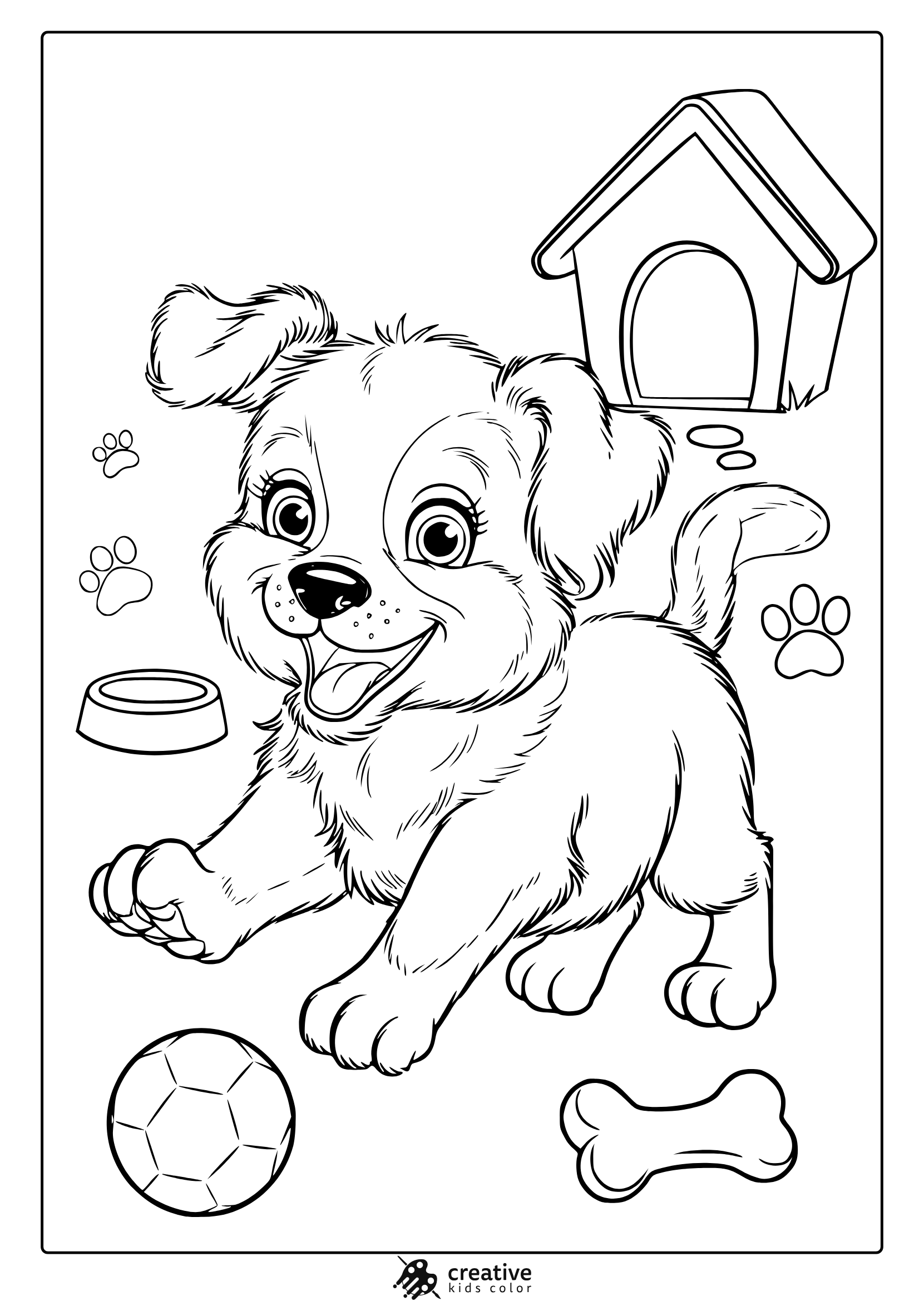 A Playful Puppy With A Ball And Paw Prints. A Fun And Interactive Playful Puppy Coloring Page For Kids.