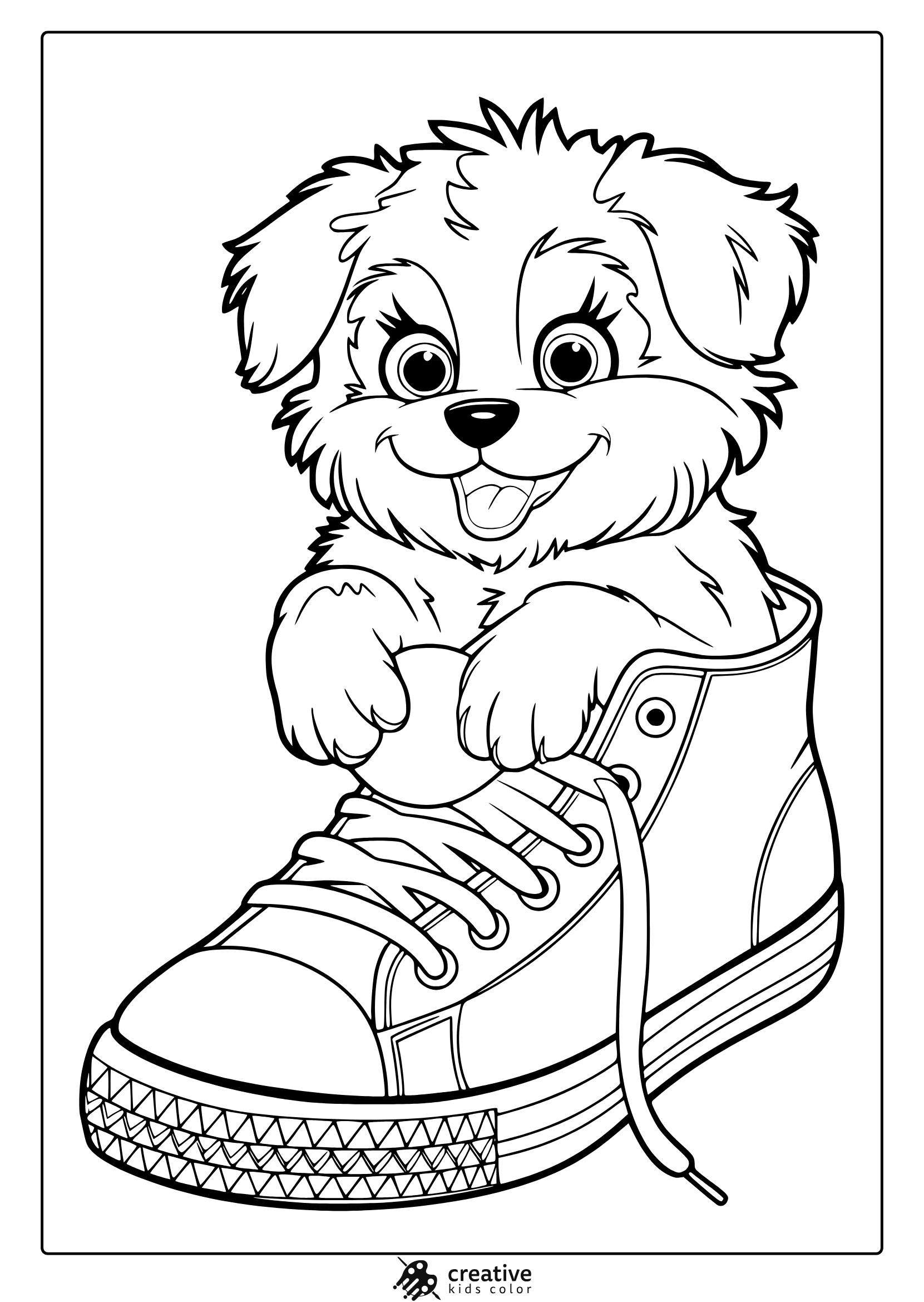 A Puppy Inside A Sneaker With Playful Details. A Fun Puppy In A Sneaker Coloring Page For Kids.