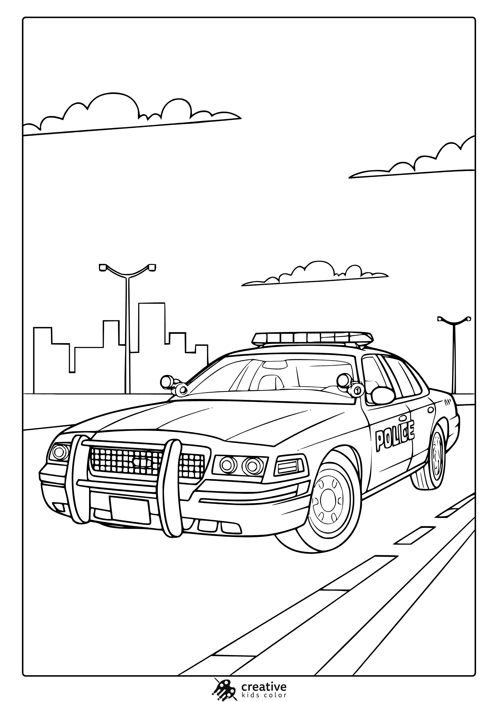 A Detailed Police Car With A Light Bar And City Skyline Background, Perfect For A Police Car Coloring Page.