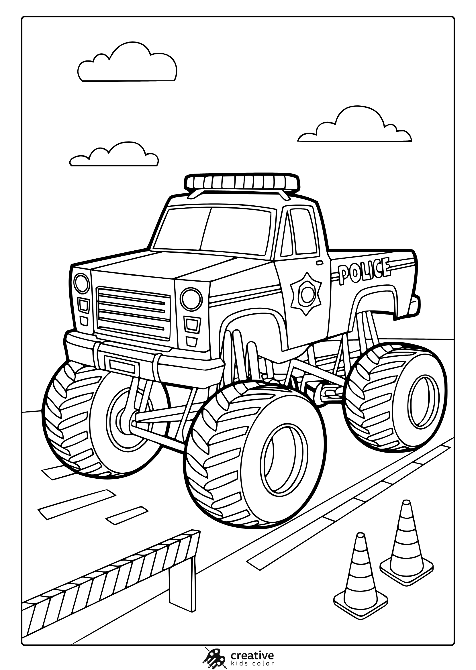 Police Monster Truck With Light Bar And Star Emblem, Cool And Tough Vehicle On A Fun Coloring Page.