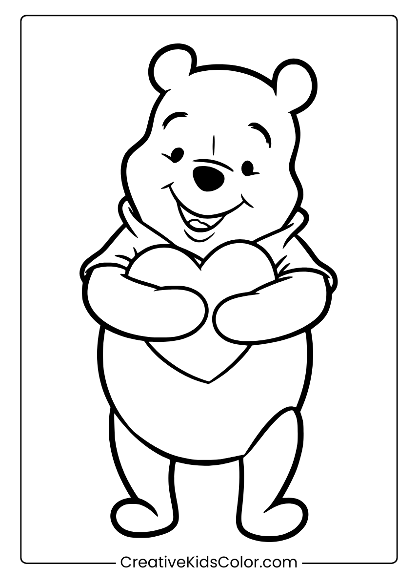 Heartwarming Winnie The Pooh Coloring Page With A Bear Holding A Heart.