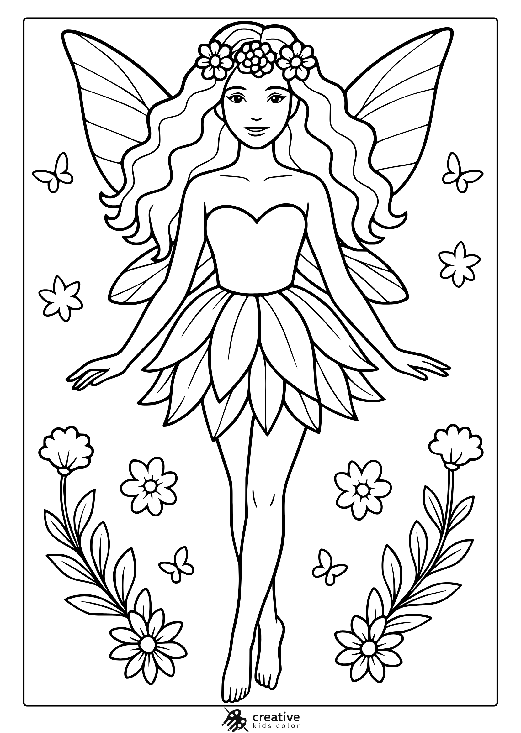Pretty Fairy Coloring Page With Flower Crown, Butterfly Wings, And Floral Background.