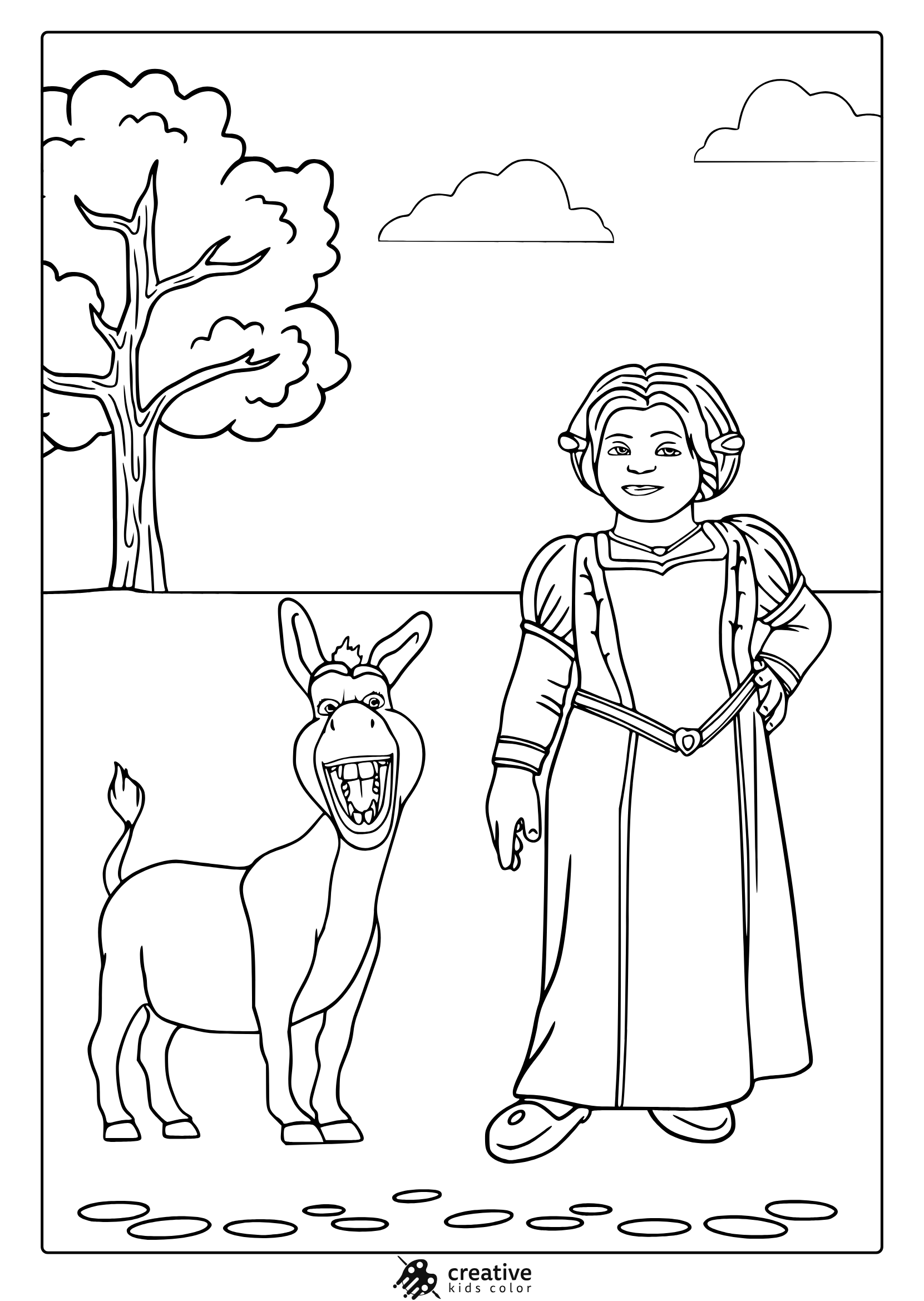 Coloring Page With Princess Fiona In A Medieval Dress, Next To A Donkey And Whimsical Tree Scene.
