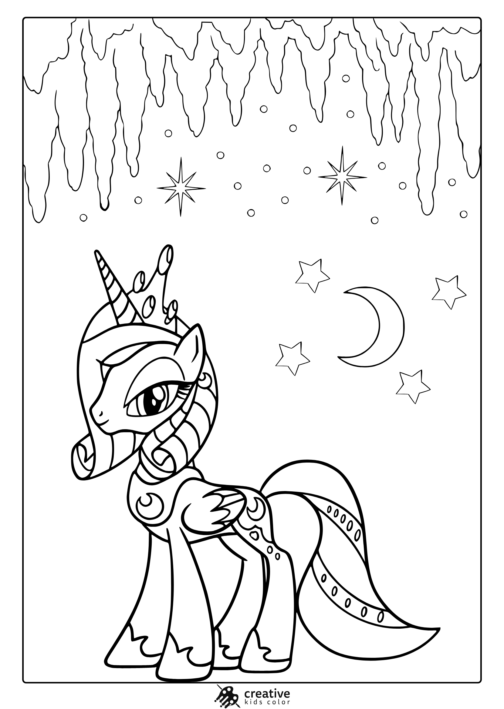 Coloring Page With Princess Luna From My Little Pony, Stars, Crescent Moon, And Flowing Mane.