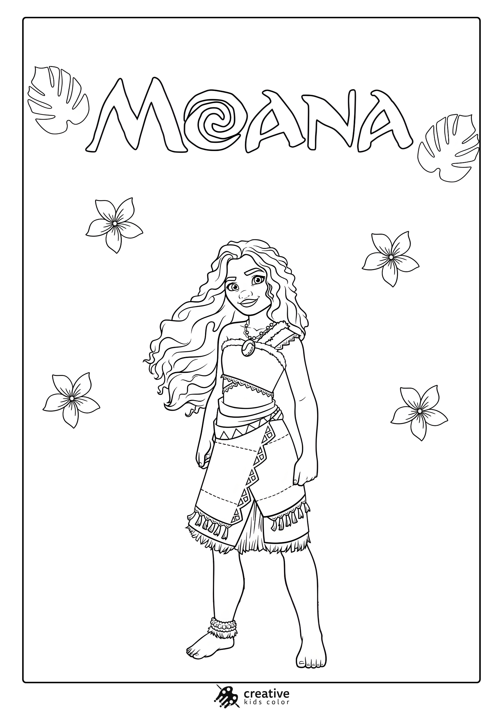 Coloring Page Of Princess Moana In Polynesian Clothing With Plumeria Flowers And Tropical Details.