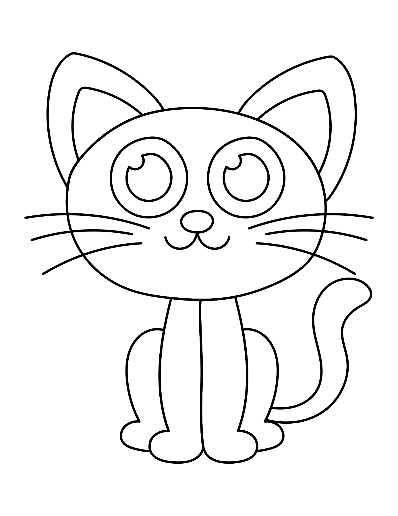 Completed Cat Drawing Showing The Outline For Printing And Coloring.