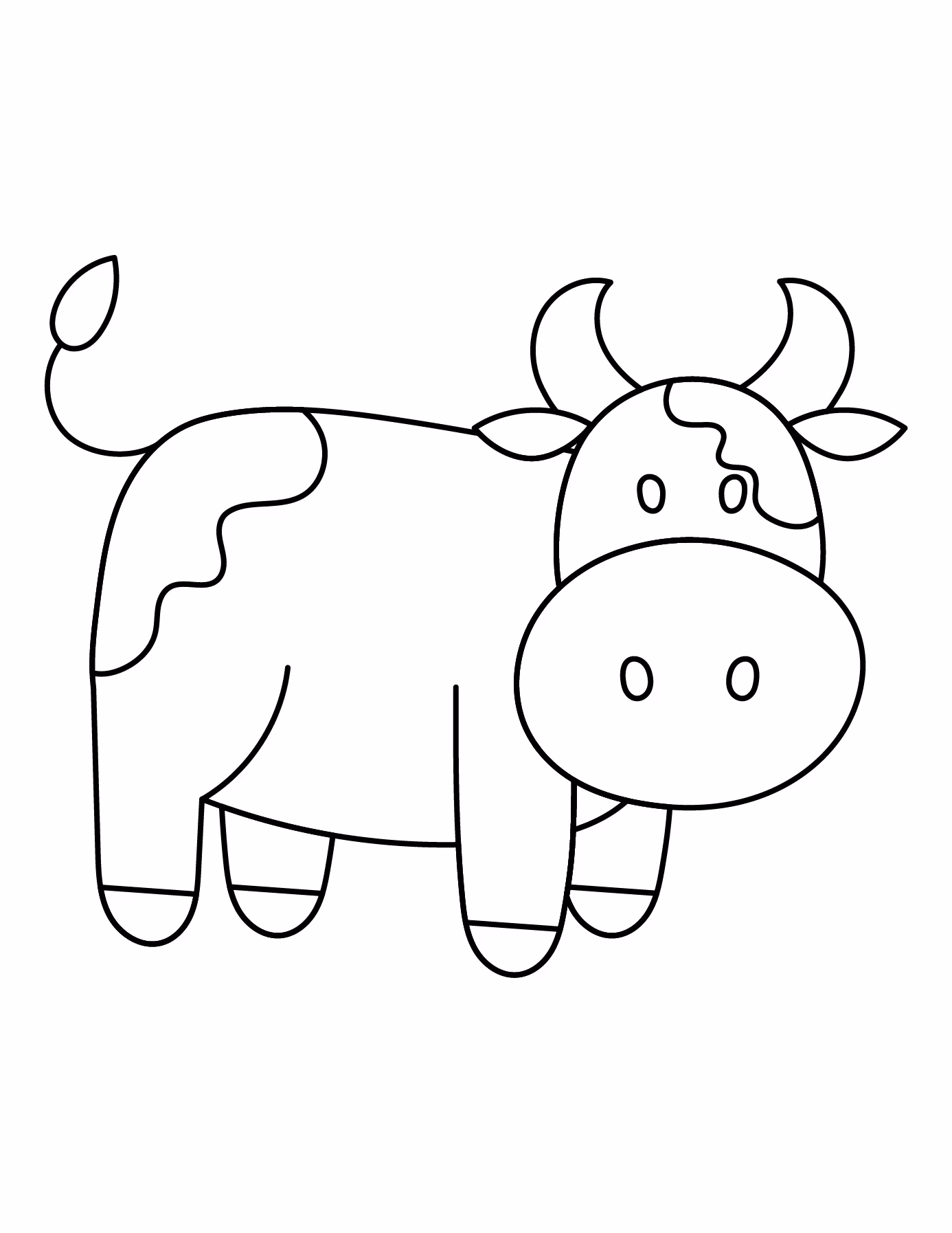 Completed Cow Drawing With Horns, Ears, Hooves, And Spots For Printing And Coloring.