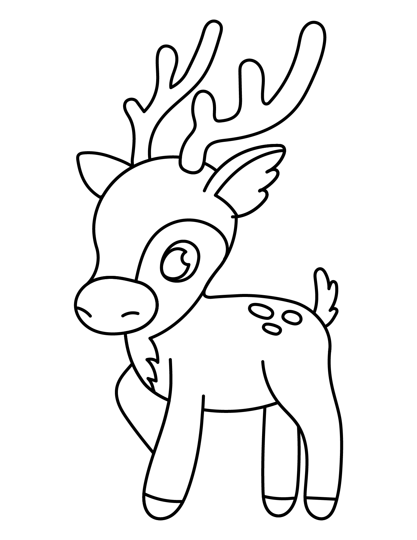 Completed Deer Outline With Antlers, Ears, Face Marking, Chest Fur, Tail, Hooves, And Back Spots For Coloring.