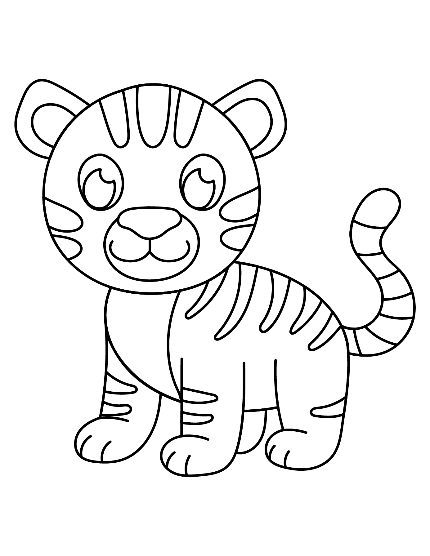 Completed Tiger Outline With Rounded Ears, Facial Features, Curved Tail, Stripes, Paws, And Toes For Coloring.