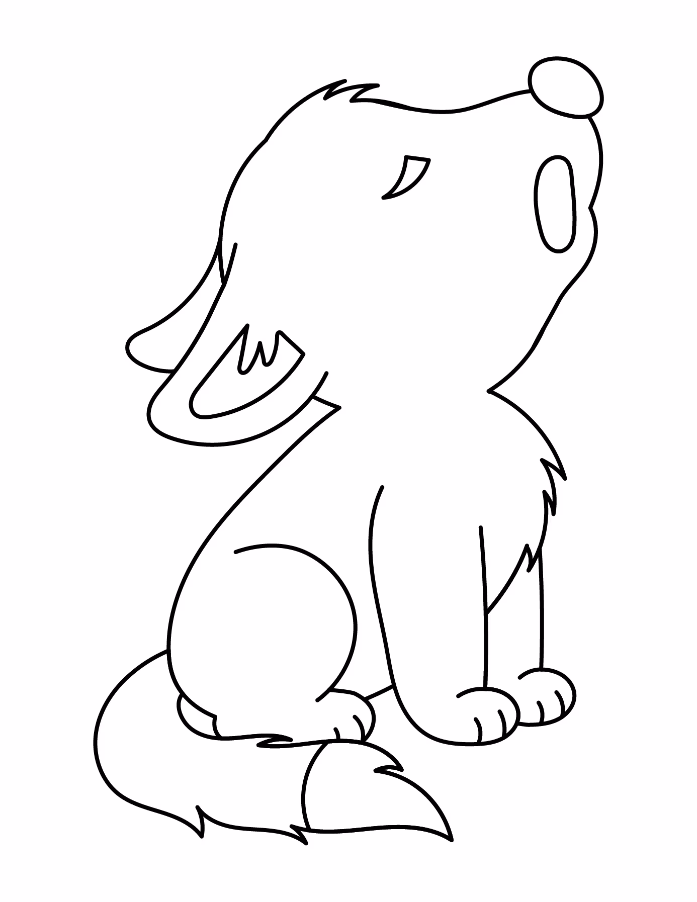 Completed Howling Wolf Outline With Pointed Ears, A Bushy Tail, Fur Details, Paws, And Toes For Coloring.