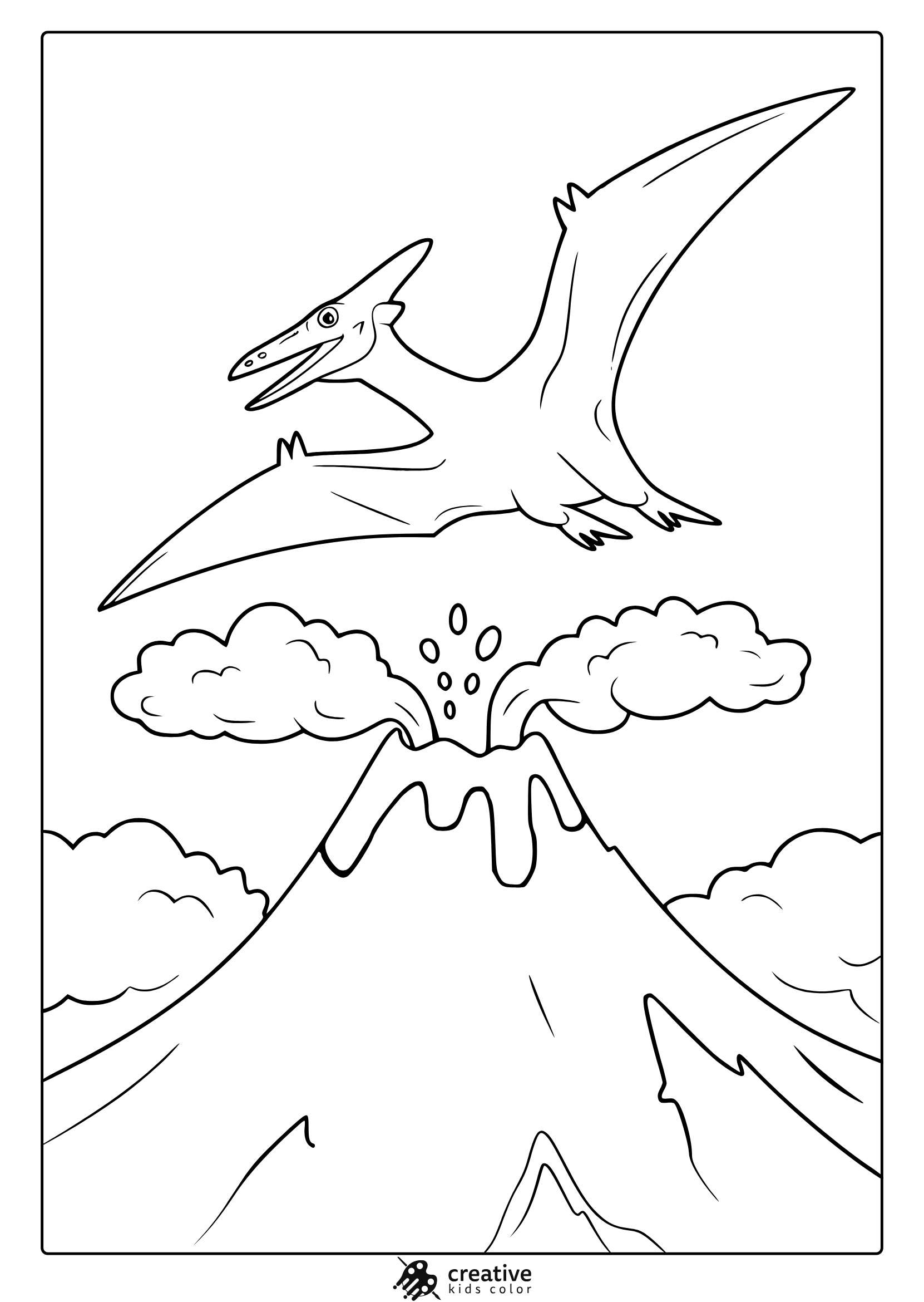 A Pterodactyl Flying Over An Erupting Volcano Features In This Dramatic Dinosaur Coloring Page To Color.