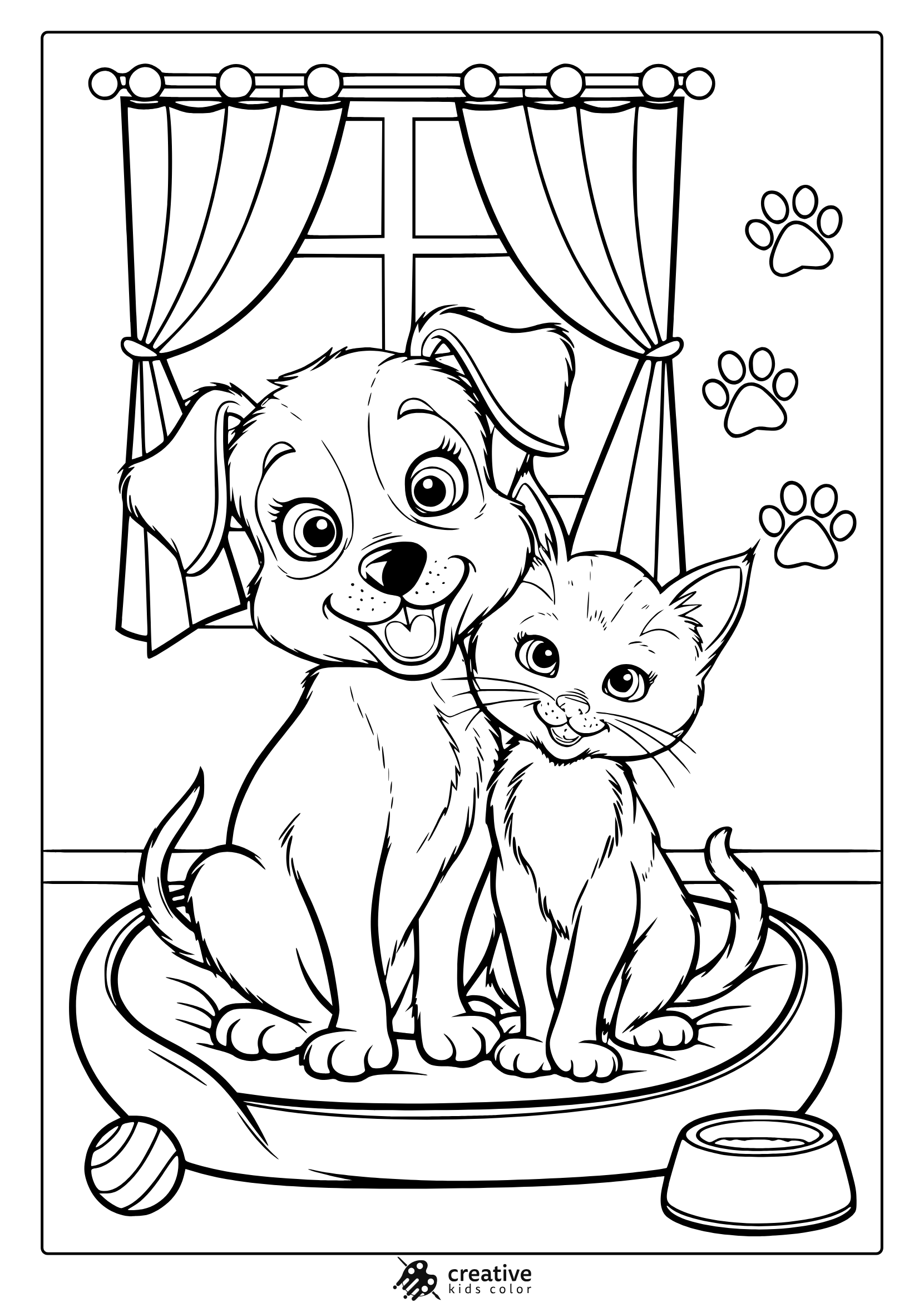 A Puppy And A Kitten Sitting Together With Paw Prints Around. A Cute And Fun Puppy And Kitten Coloring Page To Enjoy.