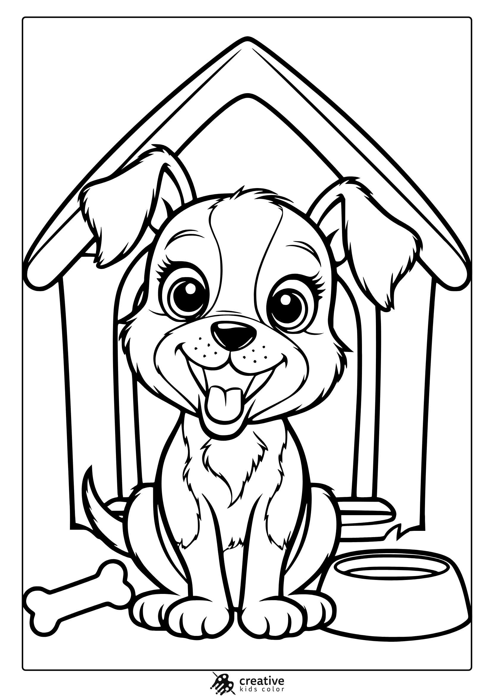 A Cute Puppy Sitting In Front Of Its Doghouse With A Bone And Bowl. Perfect For A Fun Puppy Dog Coloring Page Activity.