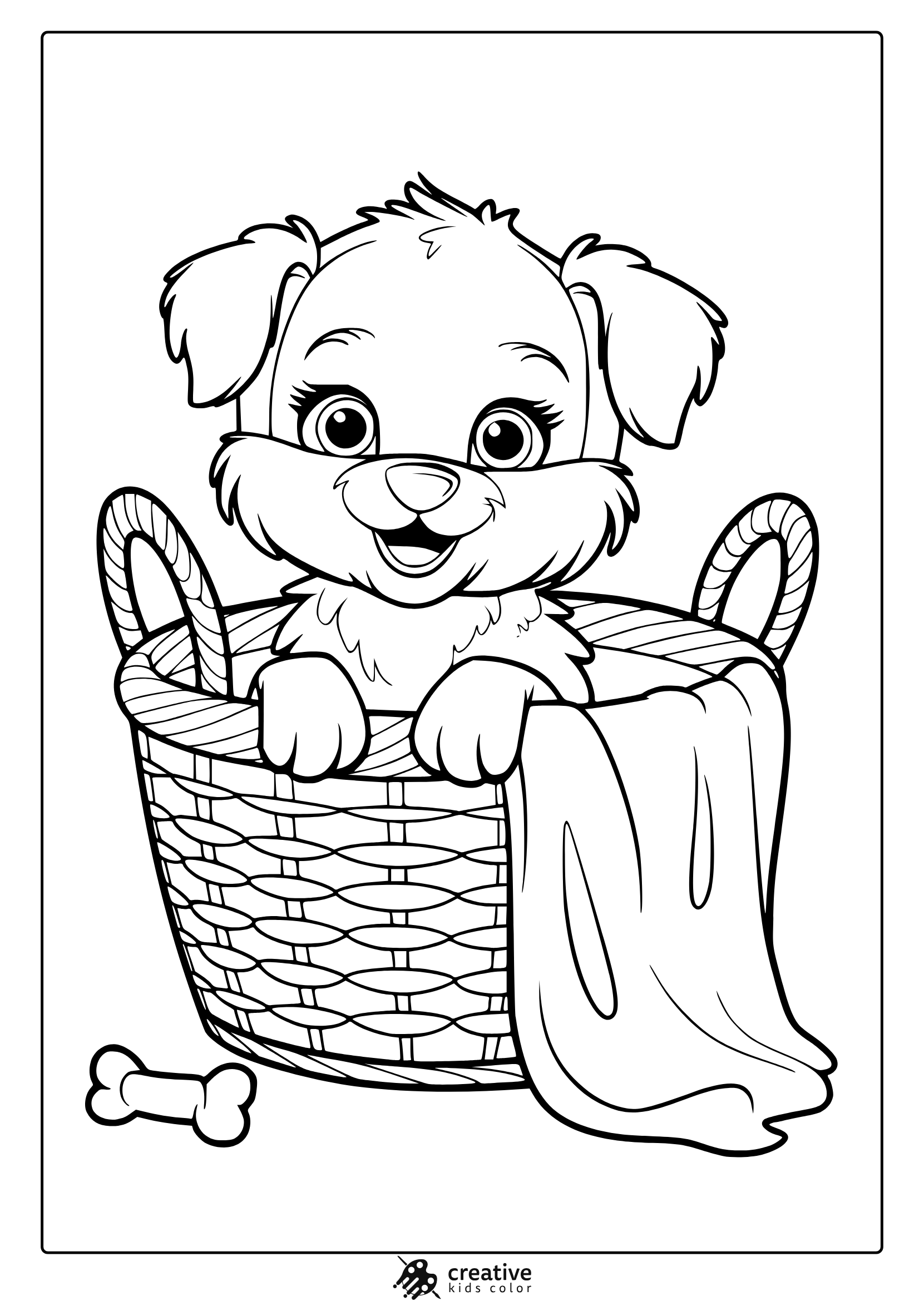 A Cute Puppy Inside A Basket With A Blanket. A Heartwarming Puppy In A Basket Coloring Page To Color.