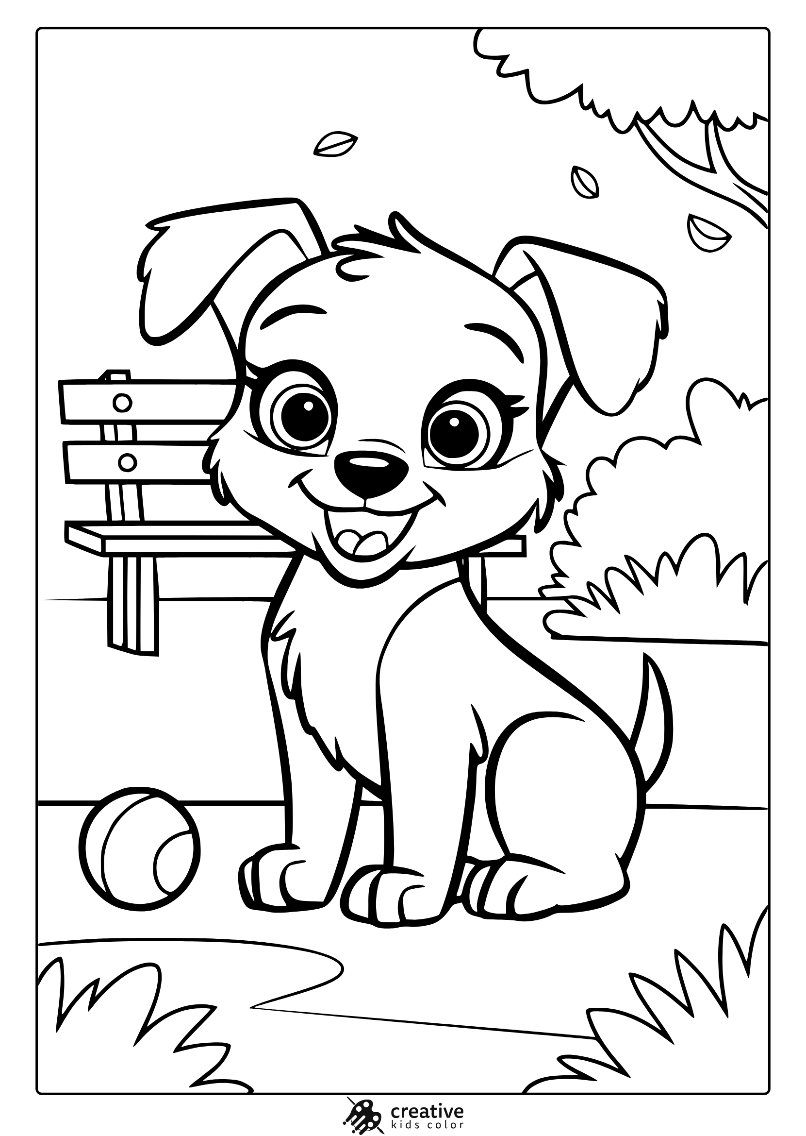 A Playful Puppy In A Park With A Ball And Trees. A Relaxing And Fun Puppy Coloring Page For Nature Lovers.